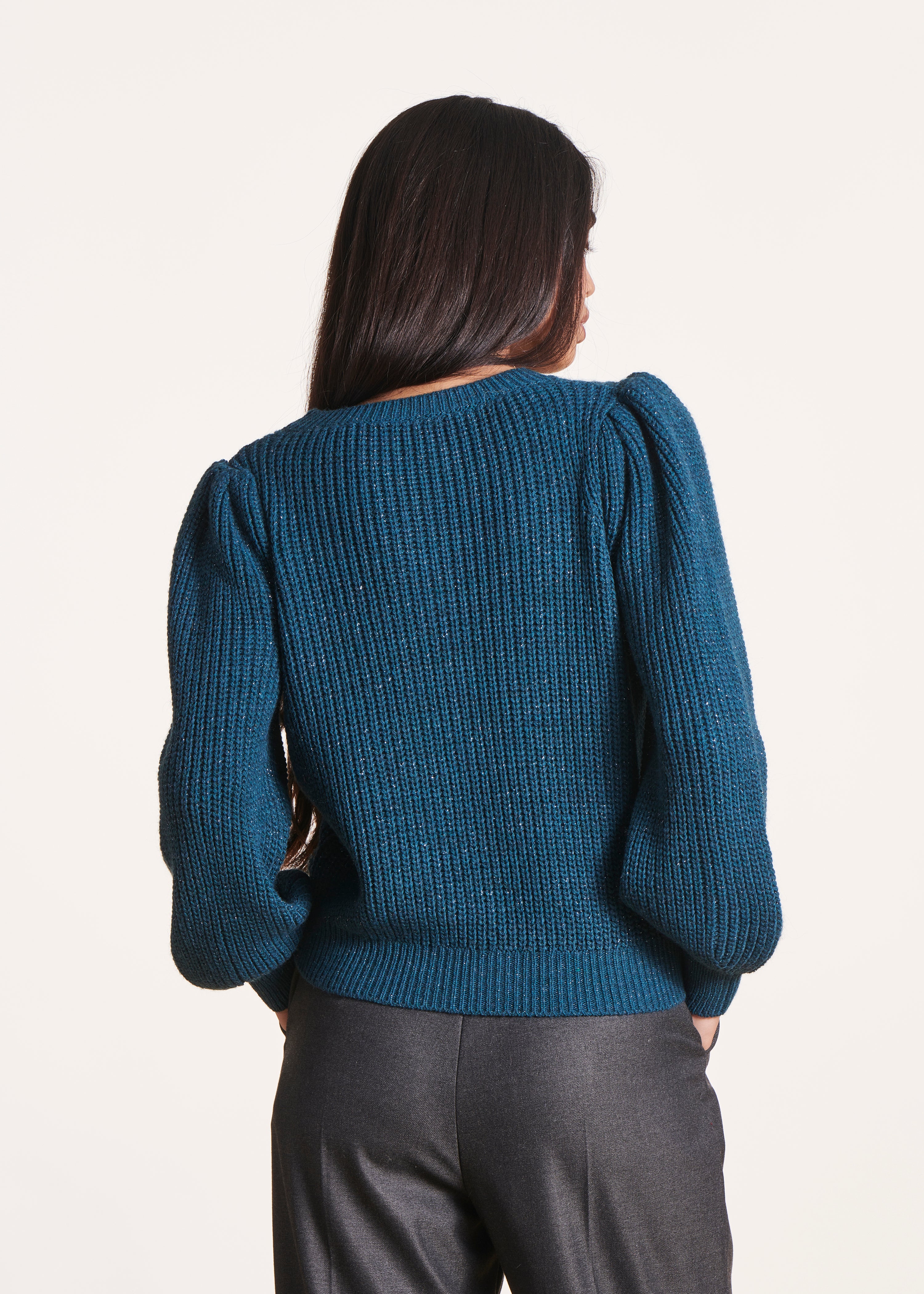 Short petrol blue round neck jumper in iridescent knitwear