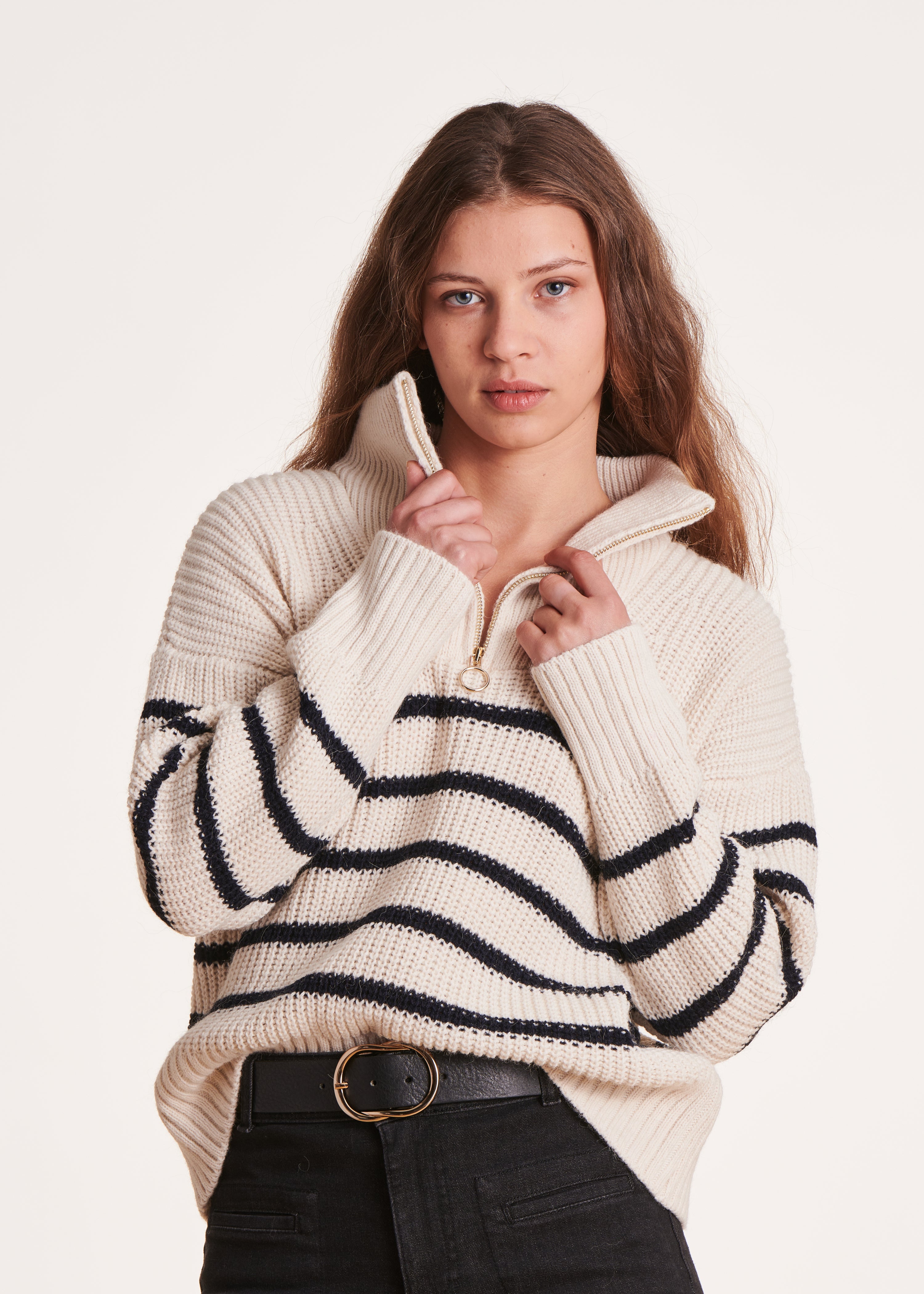 Striped trucker sweater