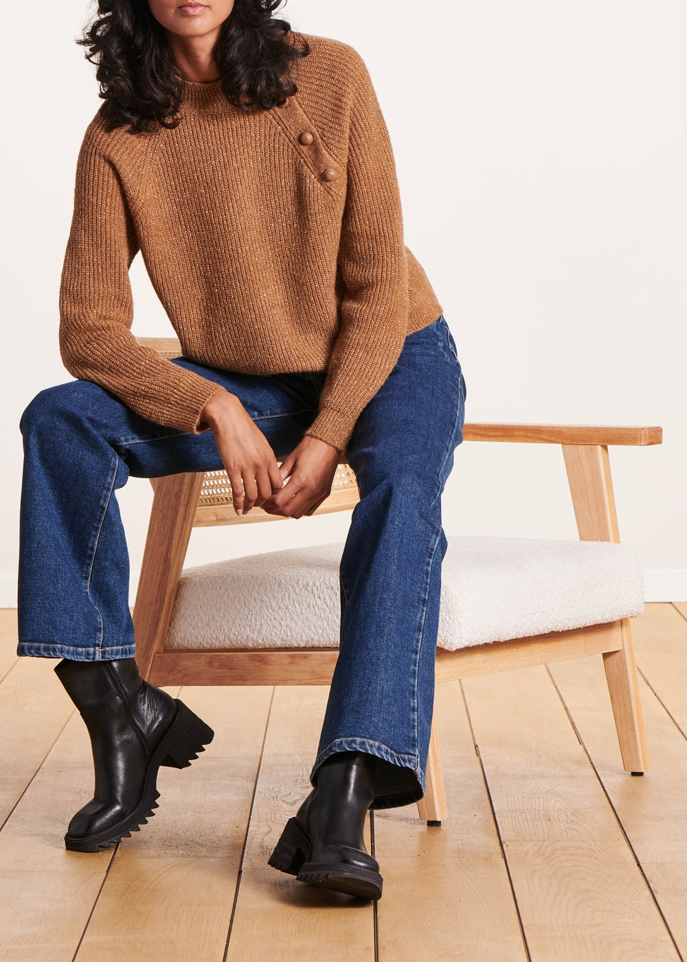 Iridescent camel jumper with shoulder buttons