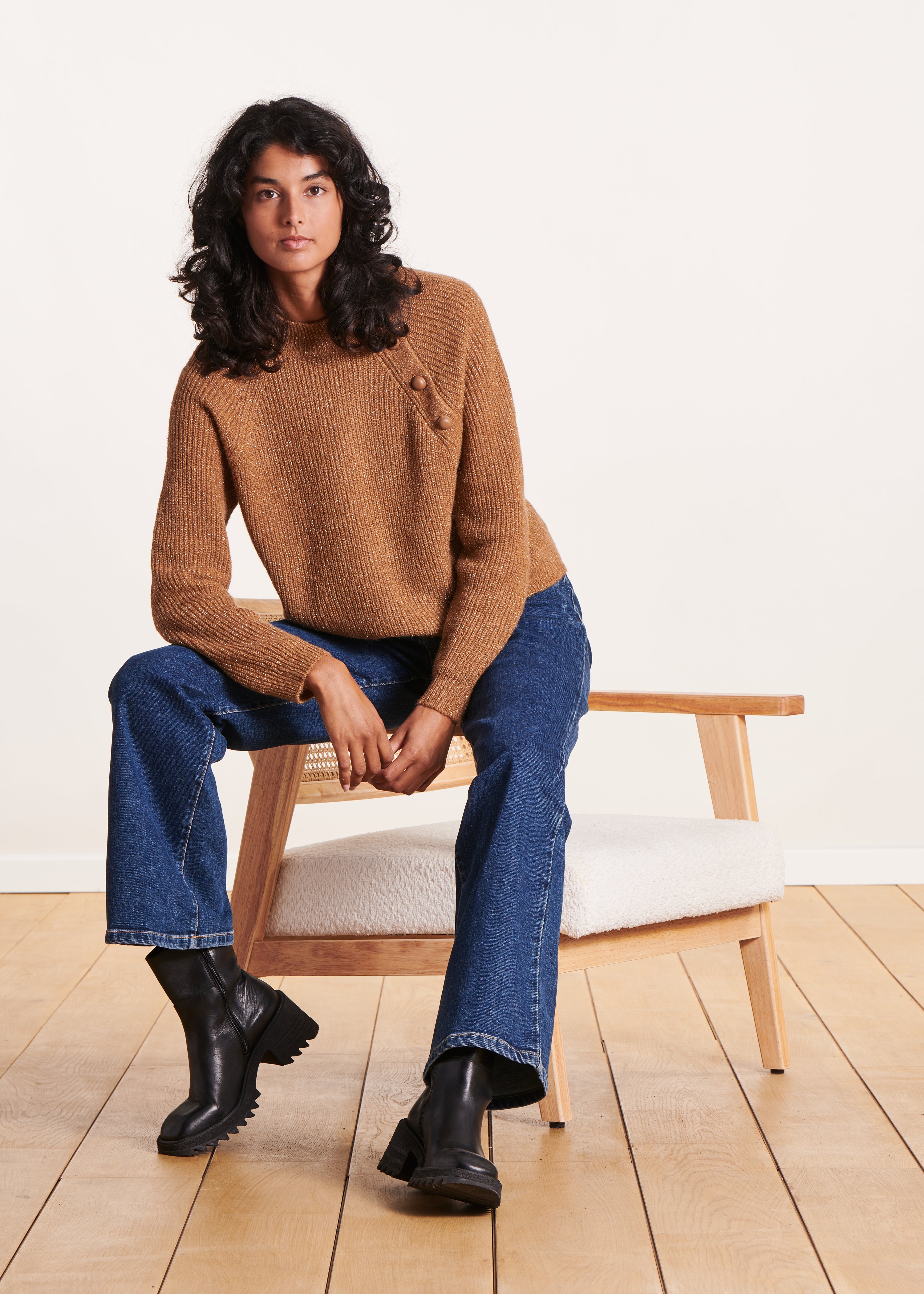 Iridescent camel jumper with shoulder buttons