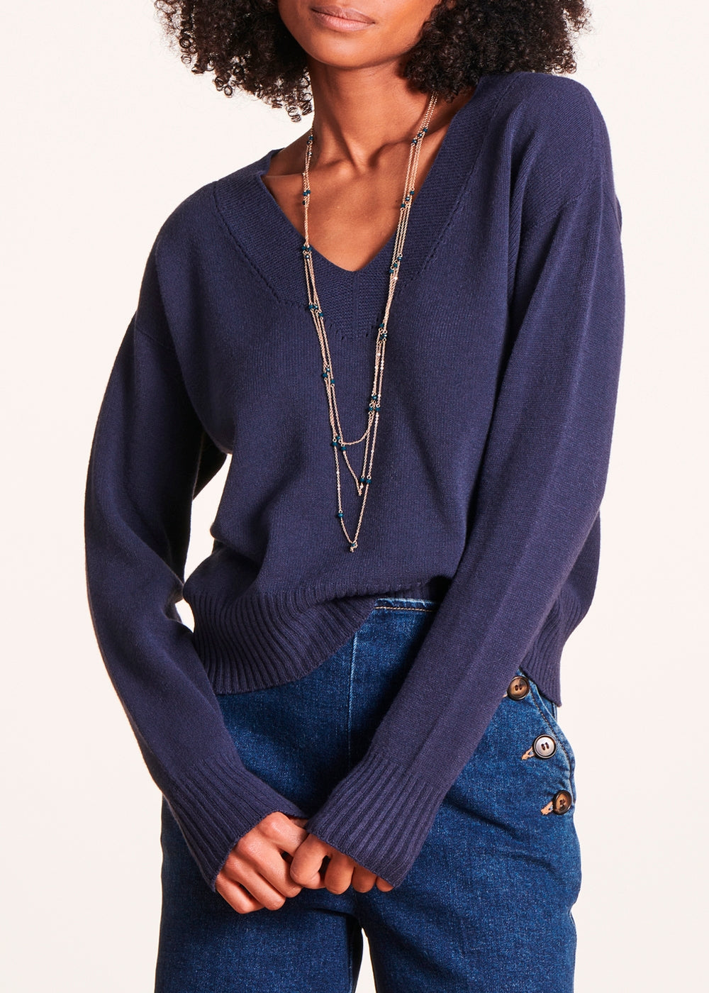 Marineblauer, gerader Pullover mit V-Ausschnitt