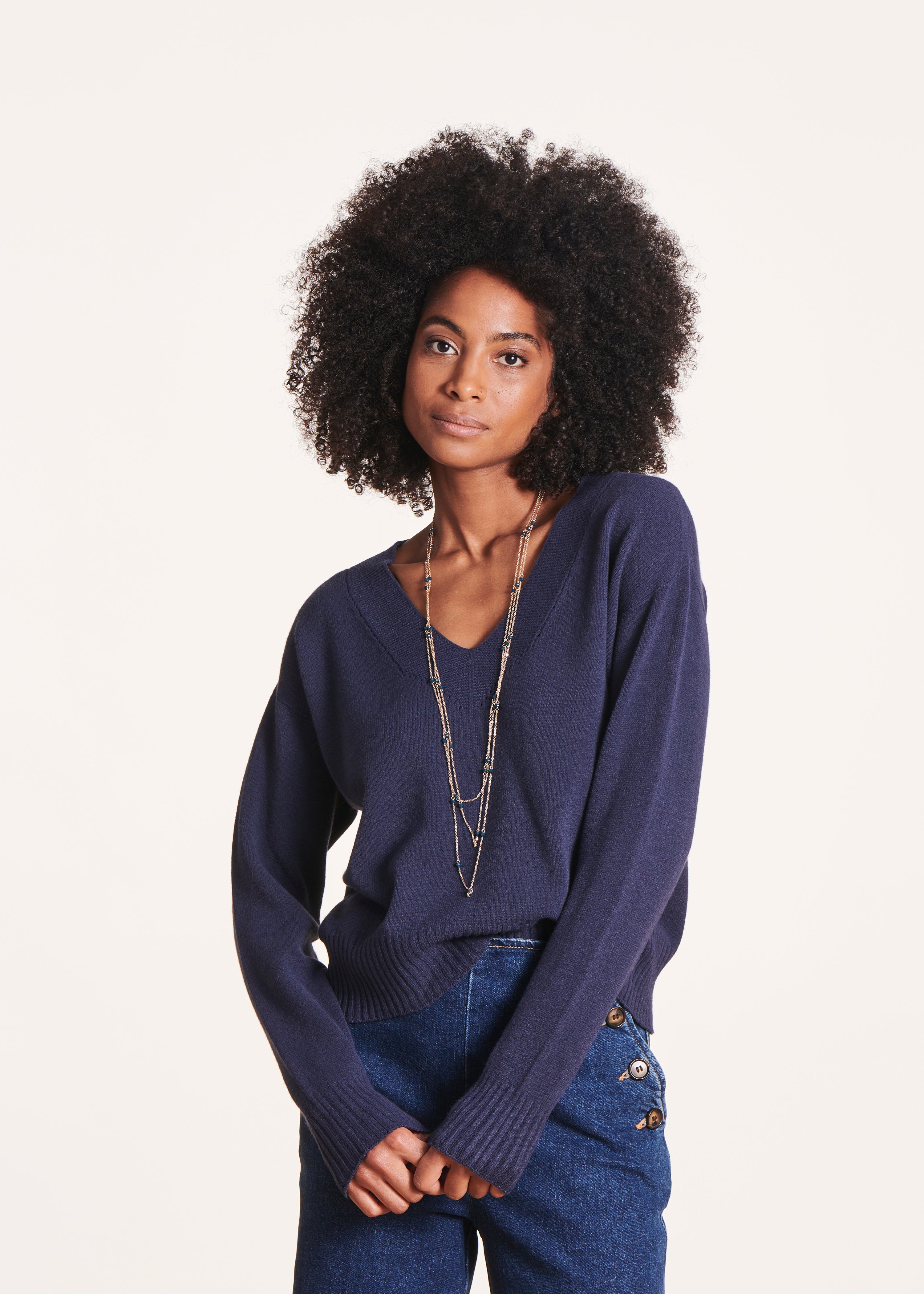 Navy blue V-neck jumper