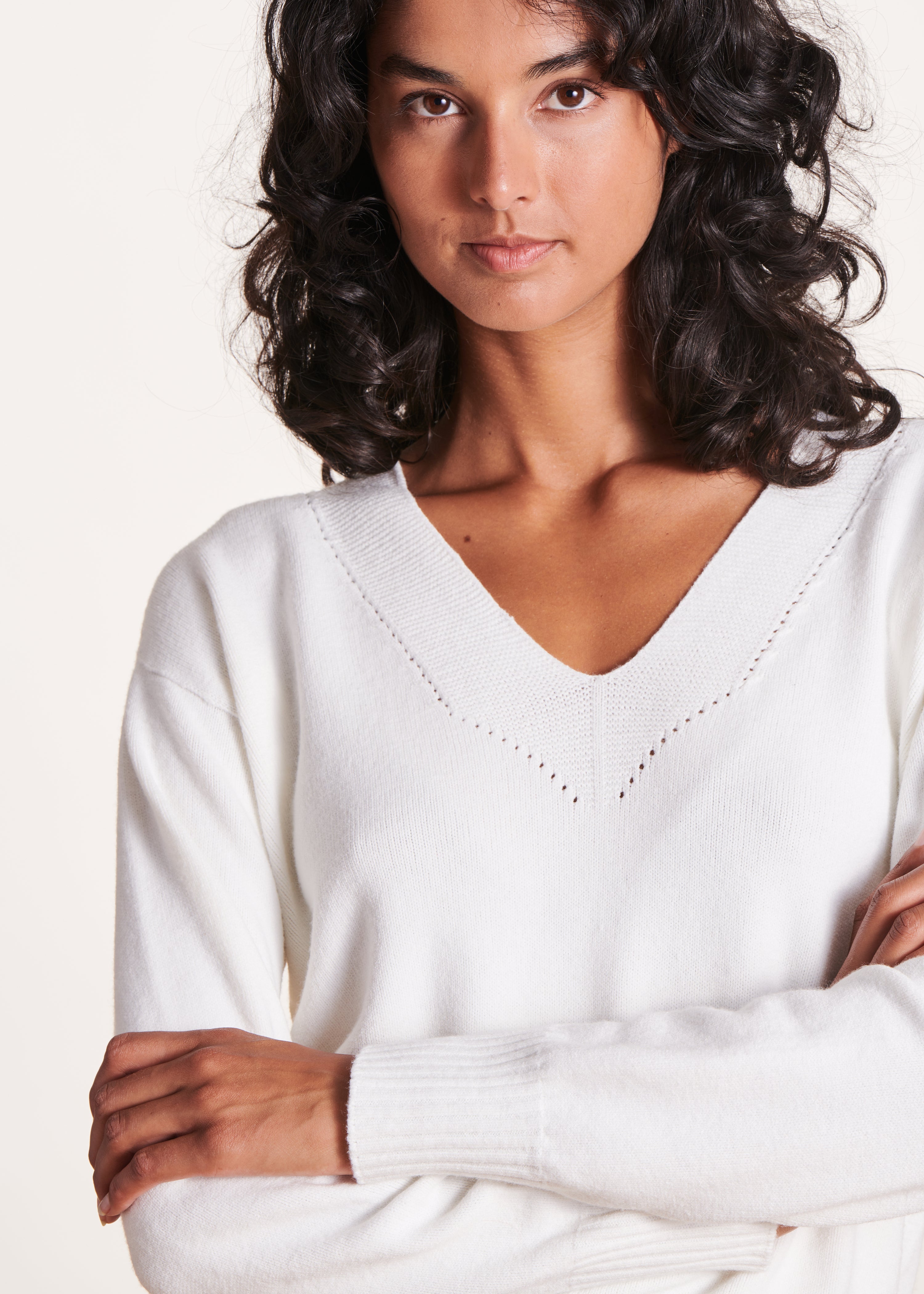 Ecru wool V-neck sweater