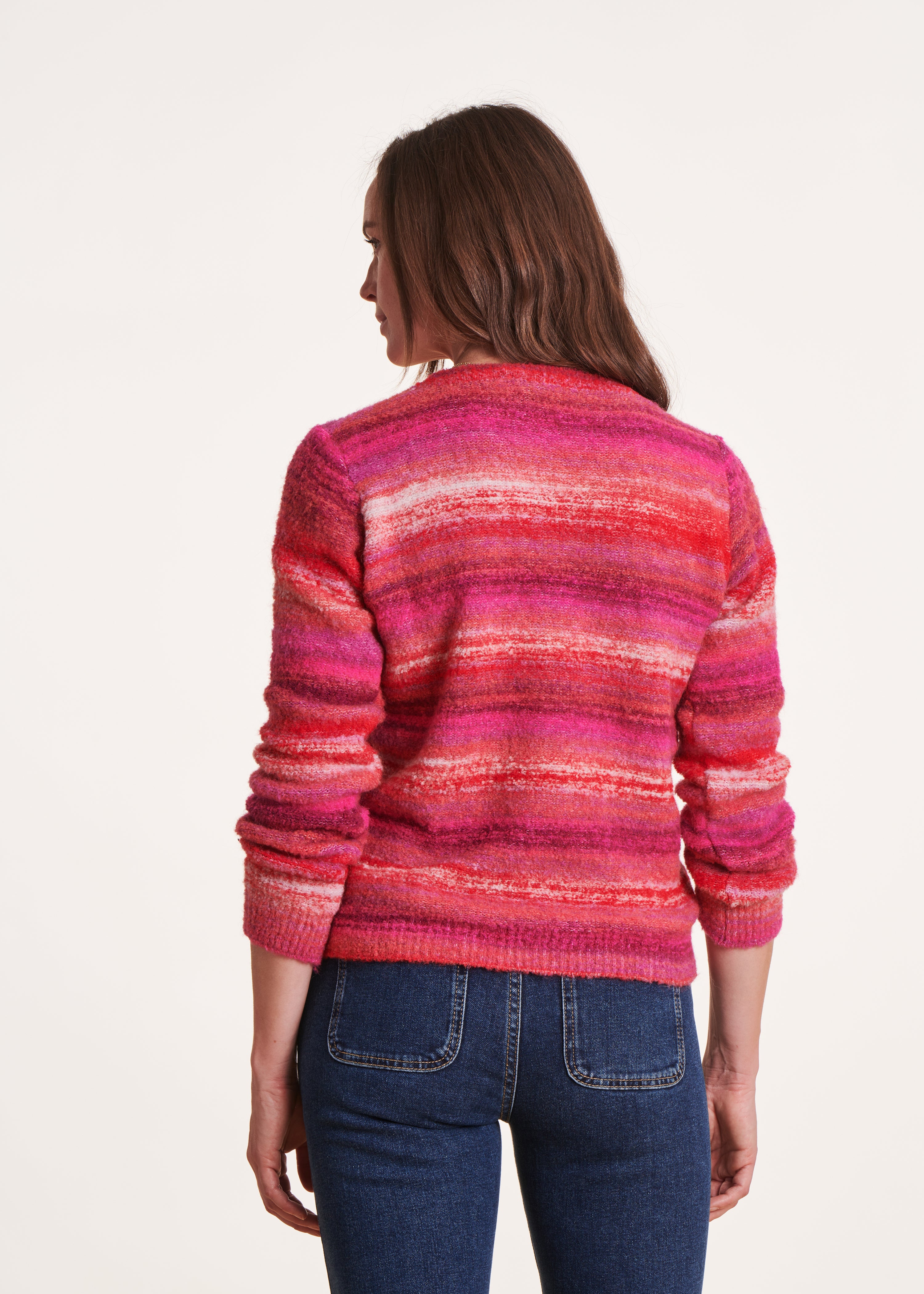 Pink sweater with multi-colored stripes