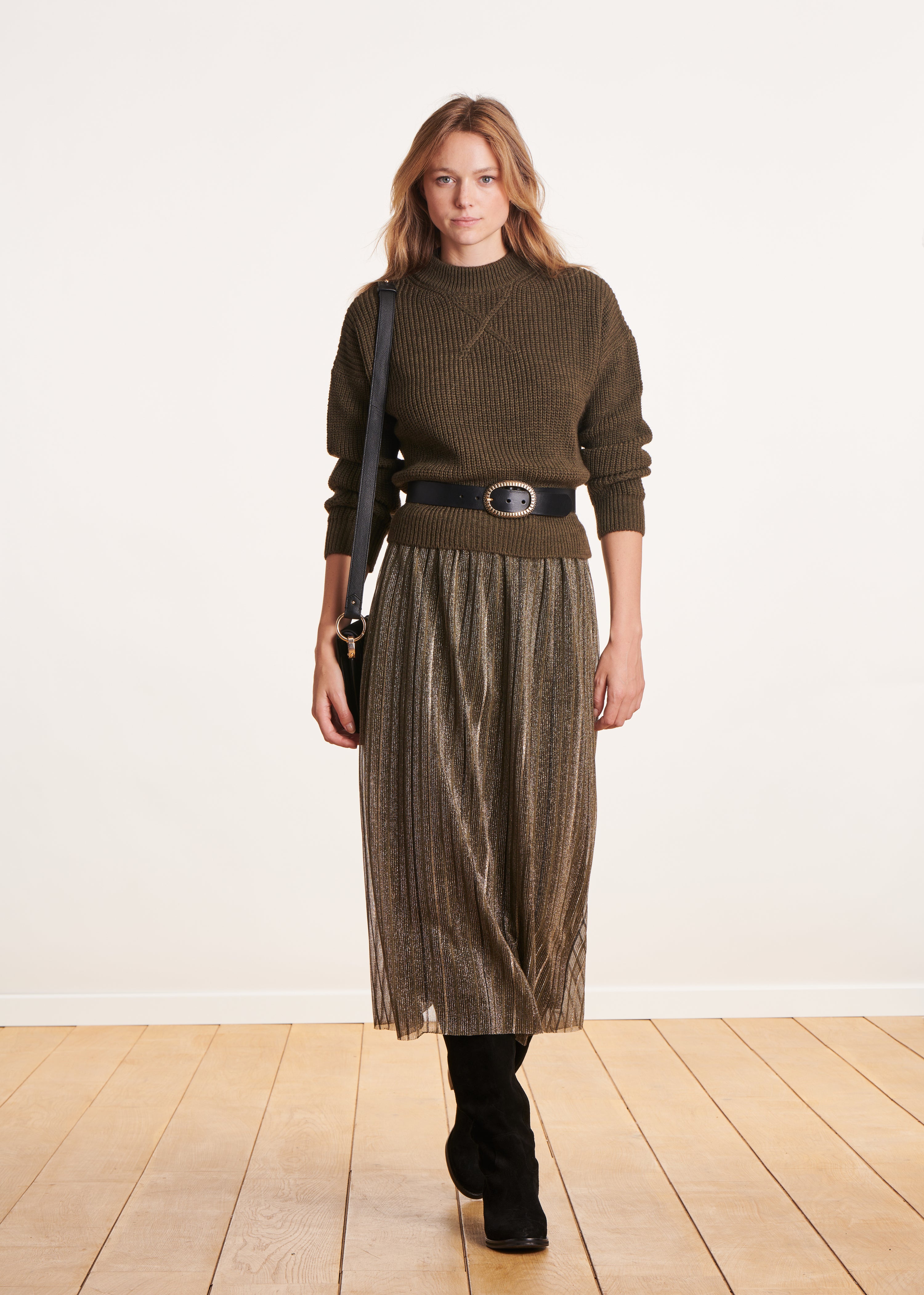 Khaki jumper with high collar in beaded rib knit