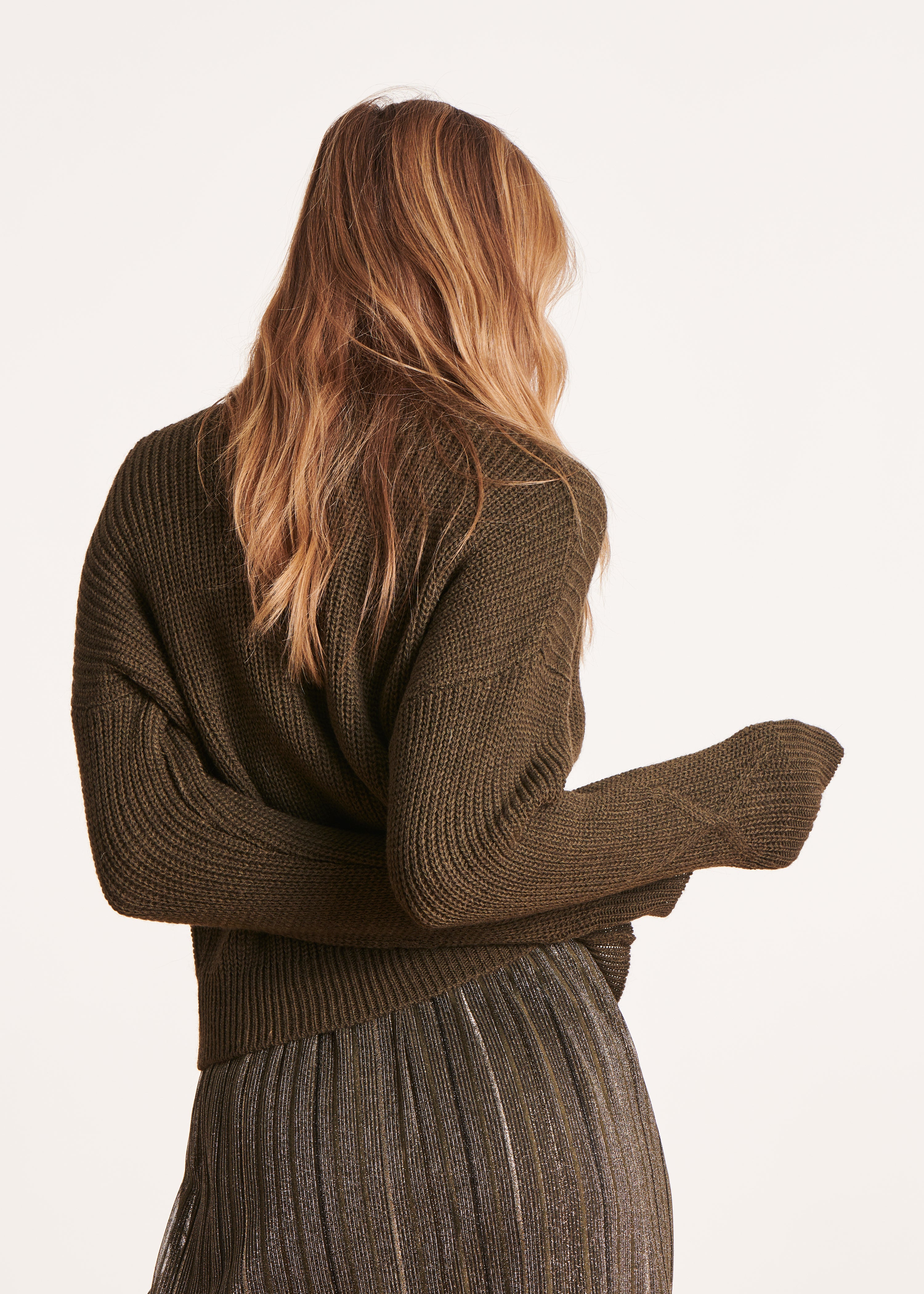 Khaki jumper with high collar in beaded rib knit