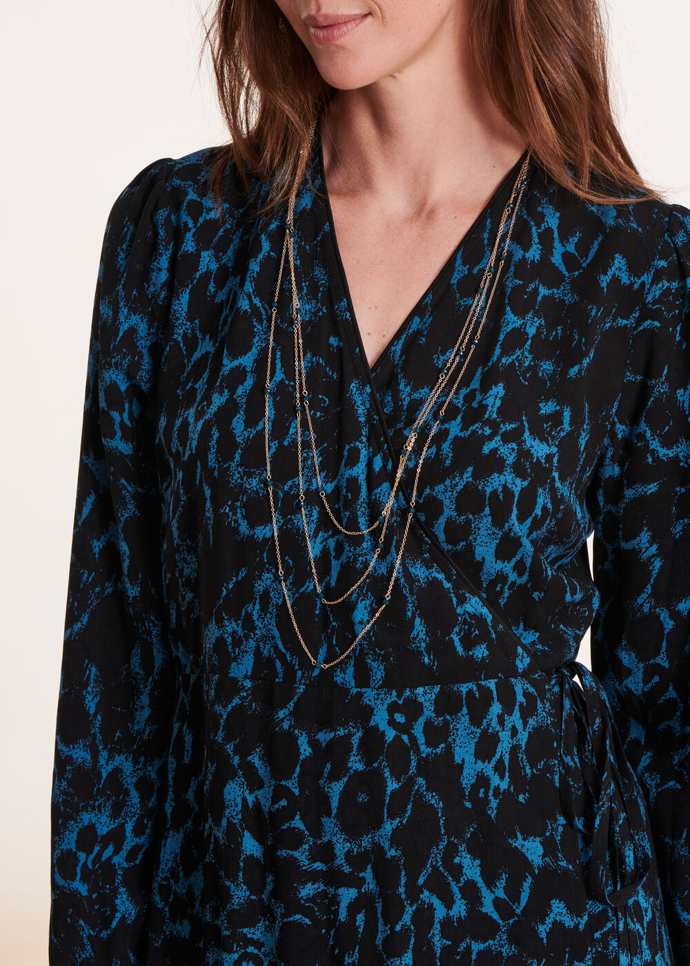 Long black & blue animal print wrap dress