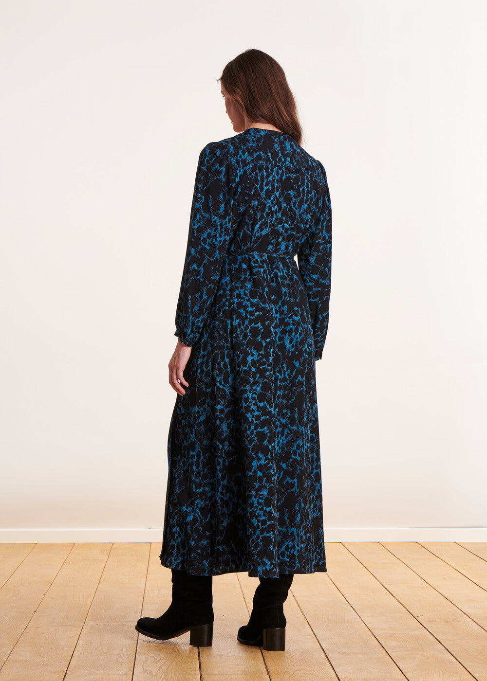 Long black & blue animal print wrap dress