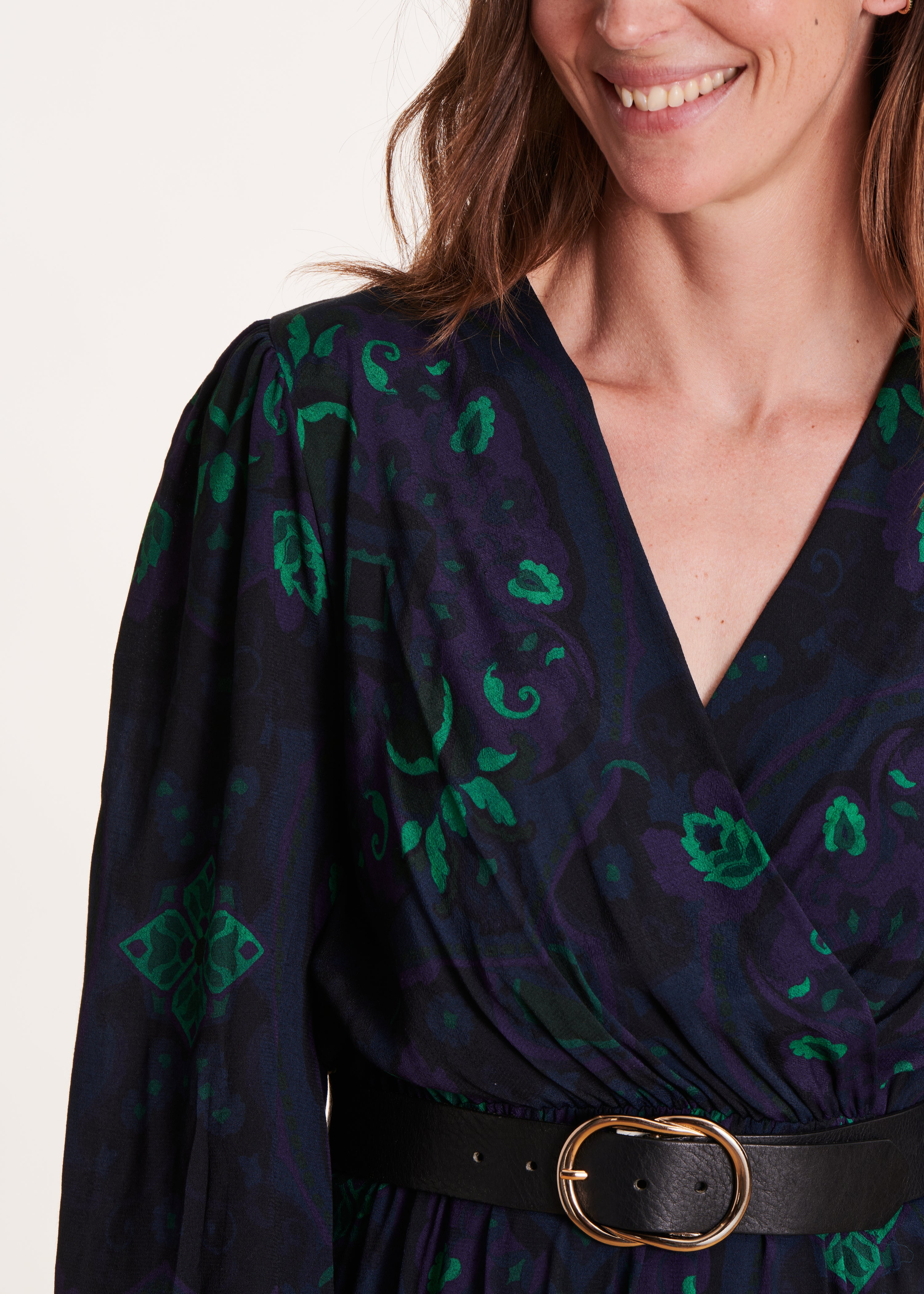 Lange wikkeljurk met blauwe en groene print