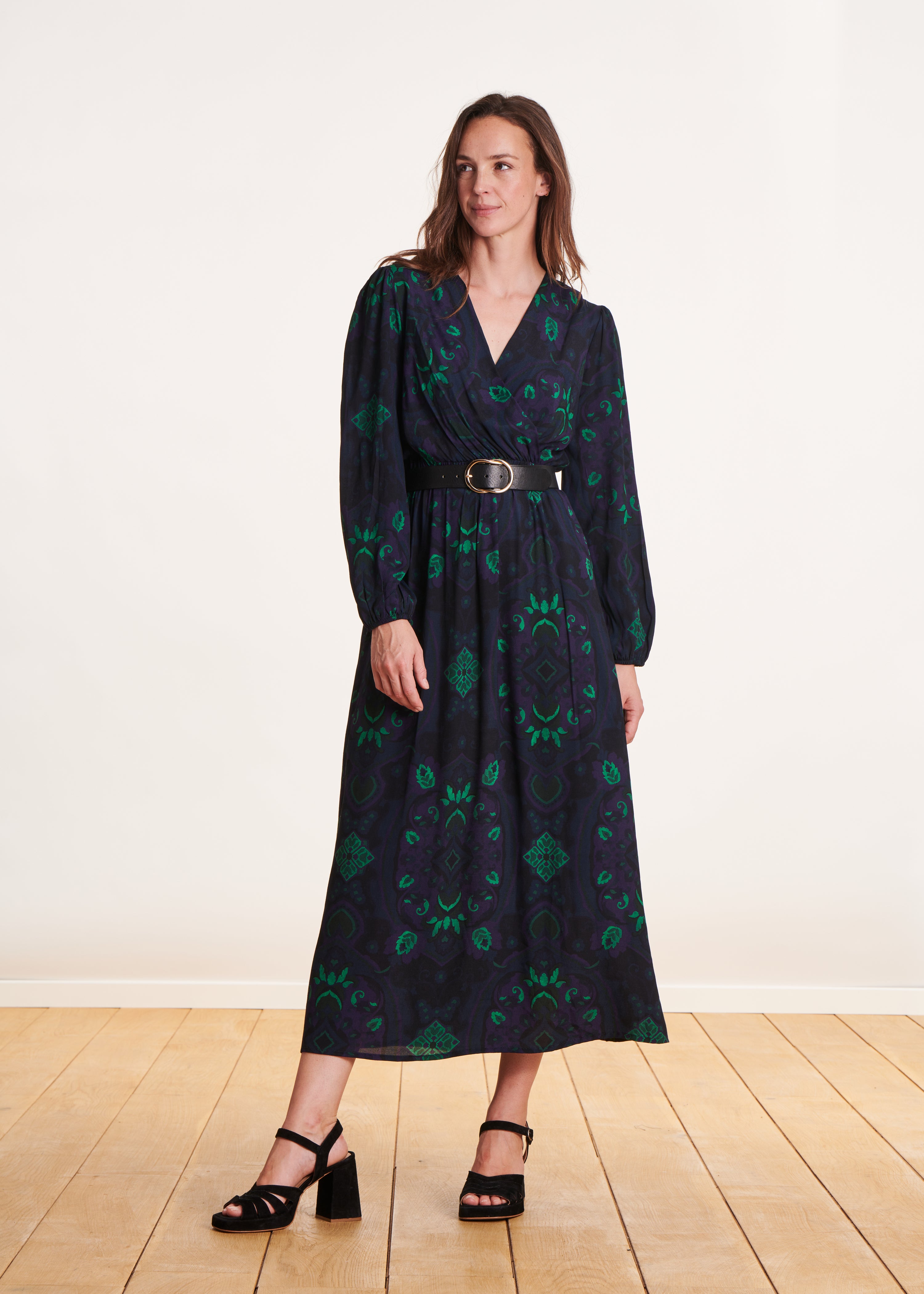 Blue and green printed wrap maxi dress