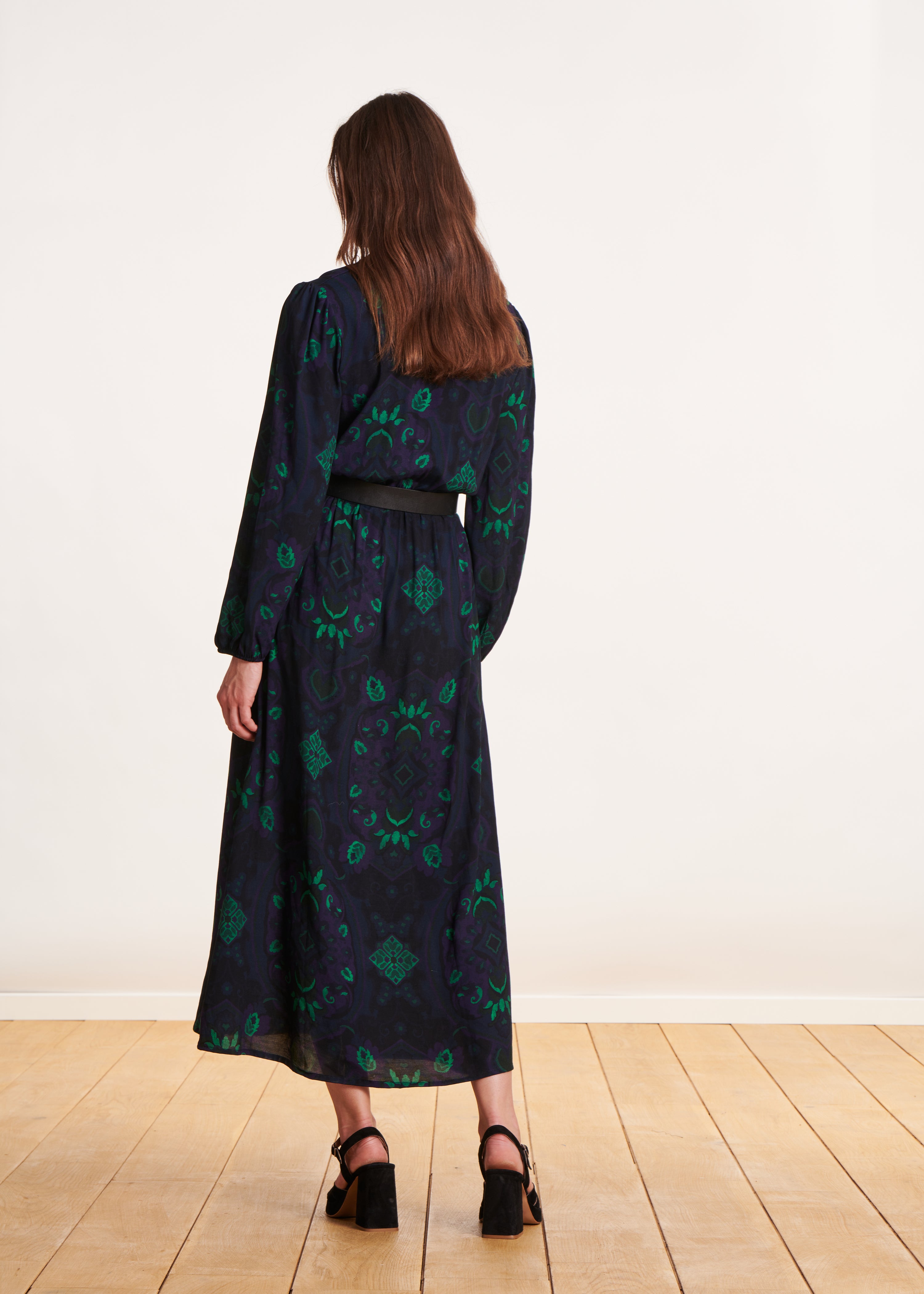 Blue and green printed wrap maxi dress