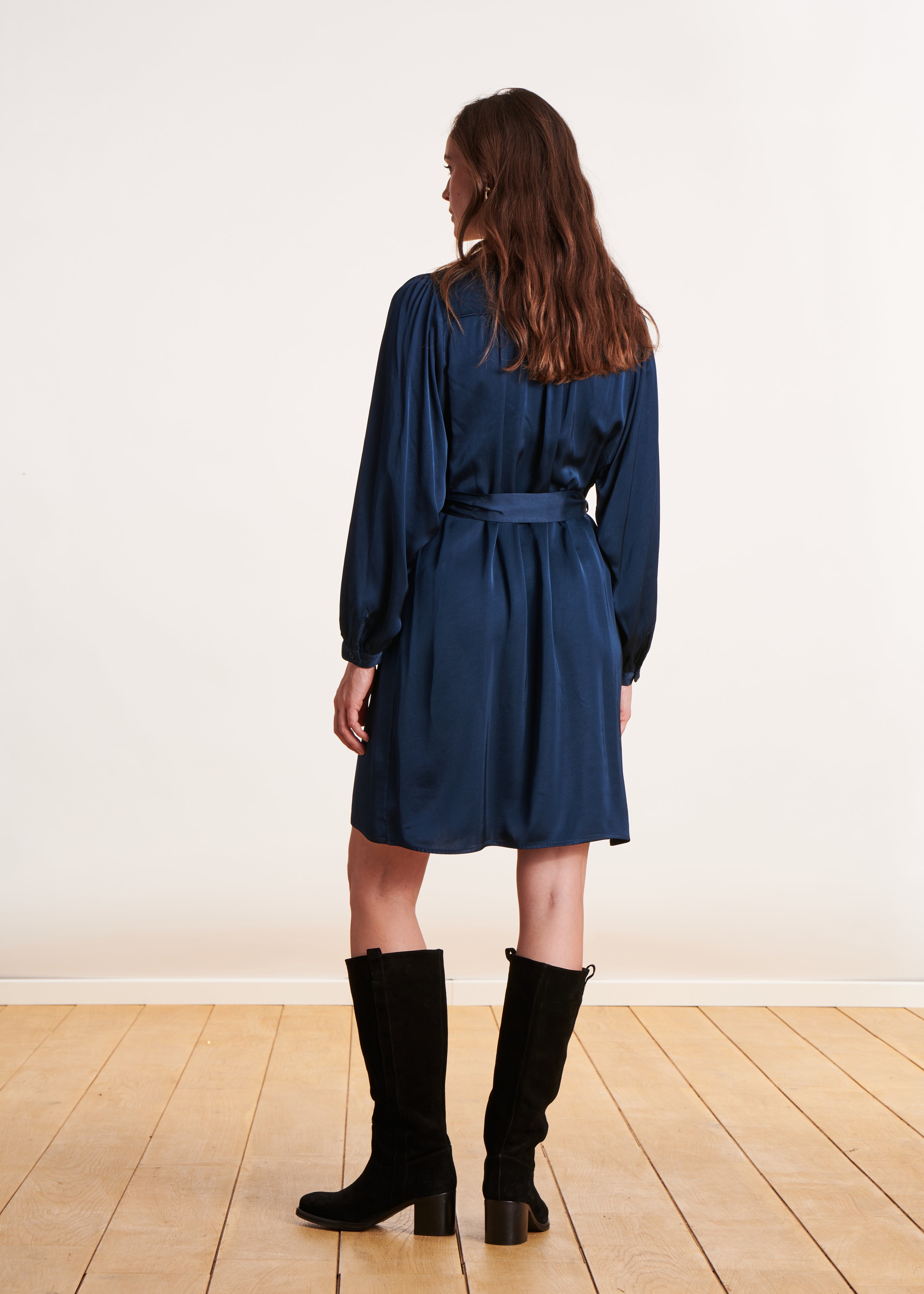 Short flowing petrol blue satin dress