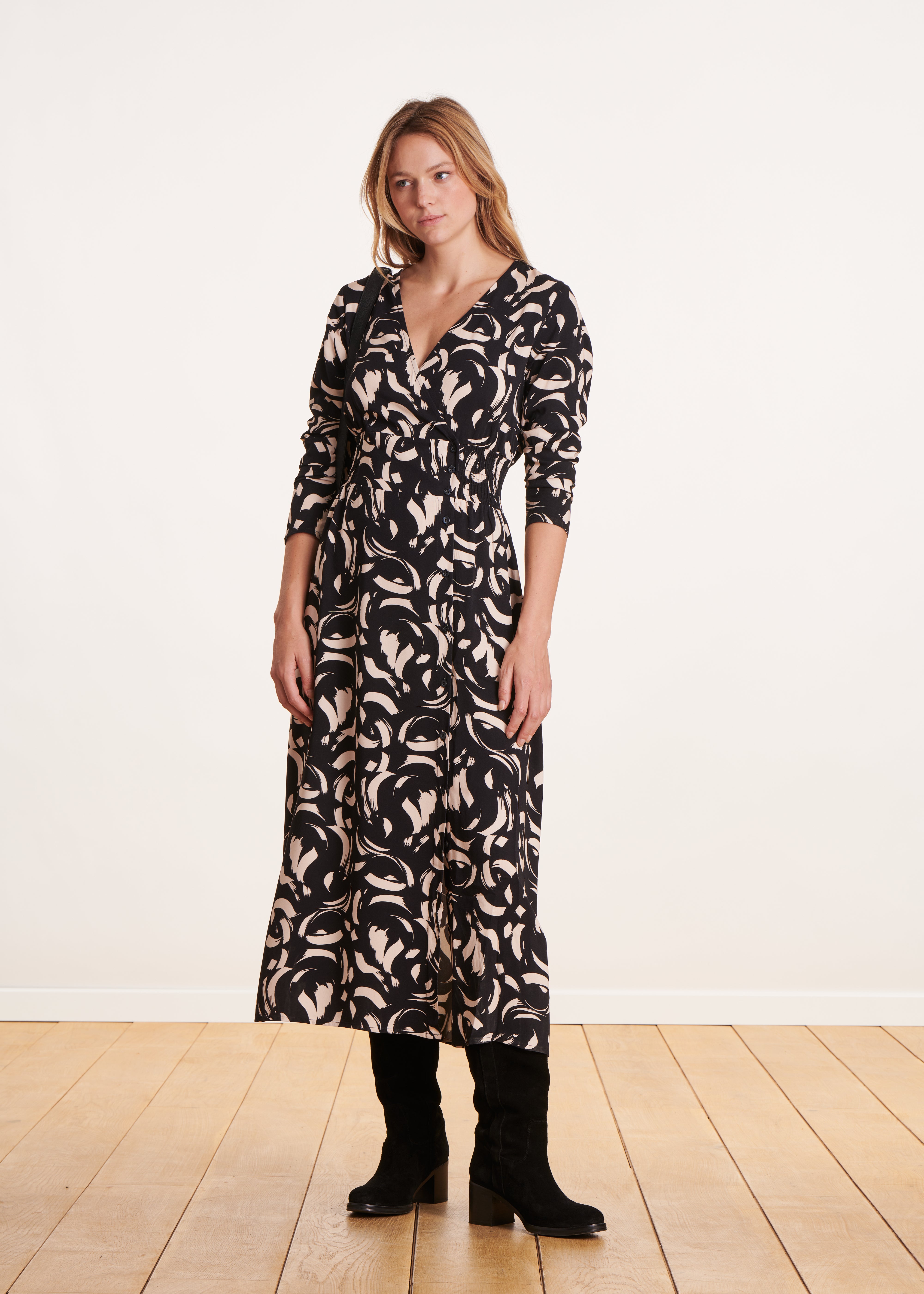 black and white printed long slim-fit wrap dress