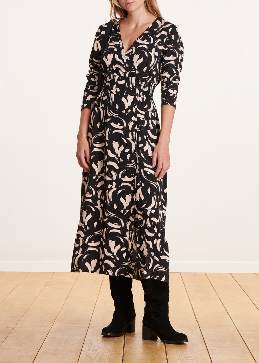 black and white printed long slim-fit wrap dress