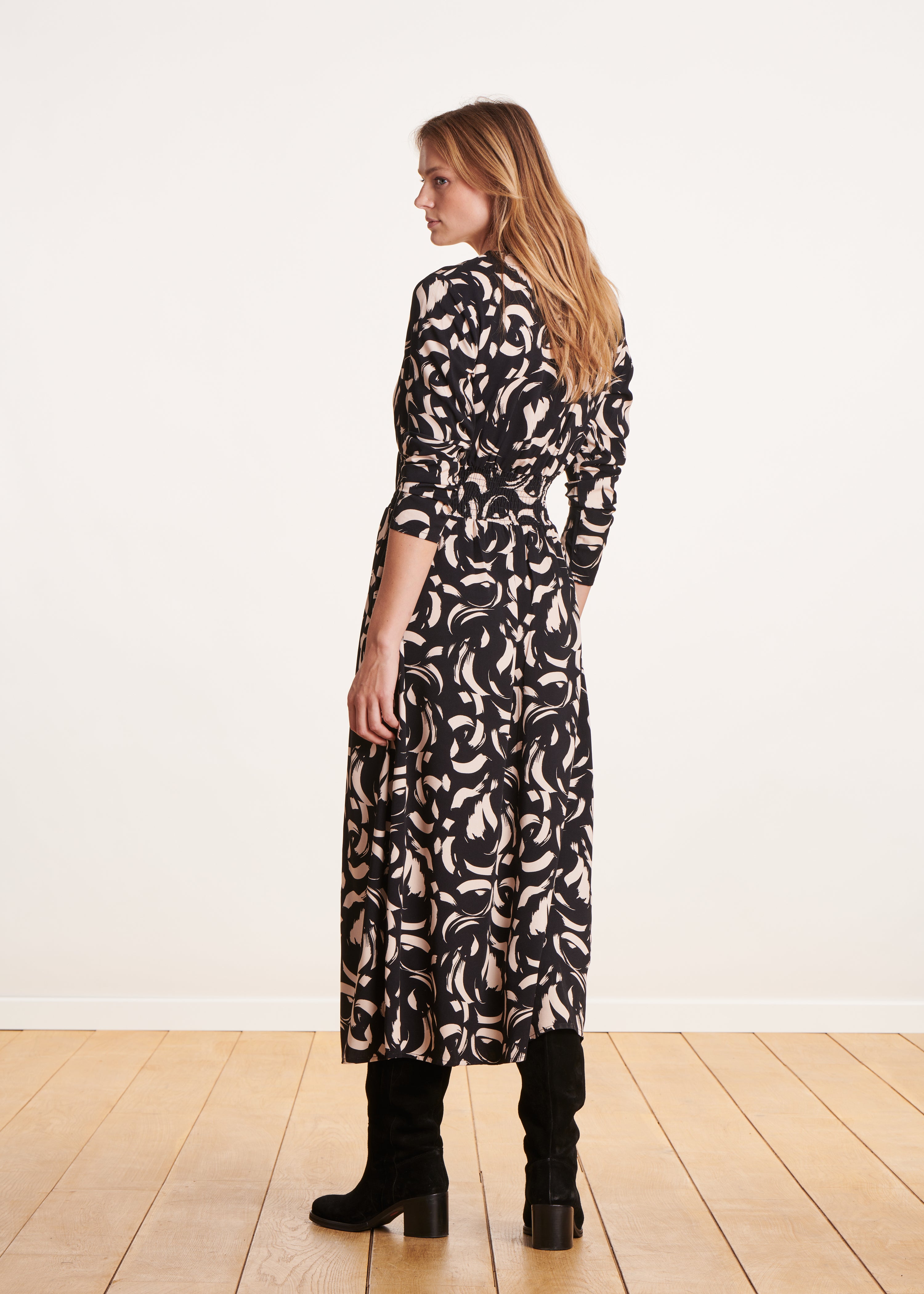 black and white printed long slim-fit wrap dress