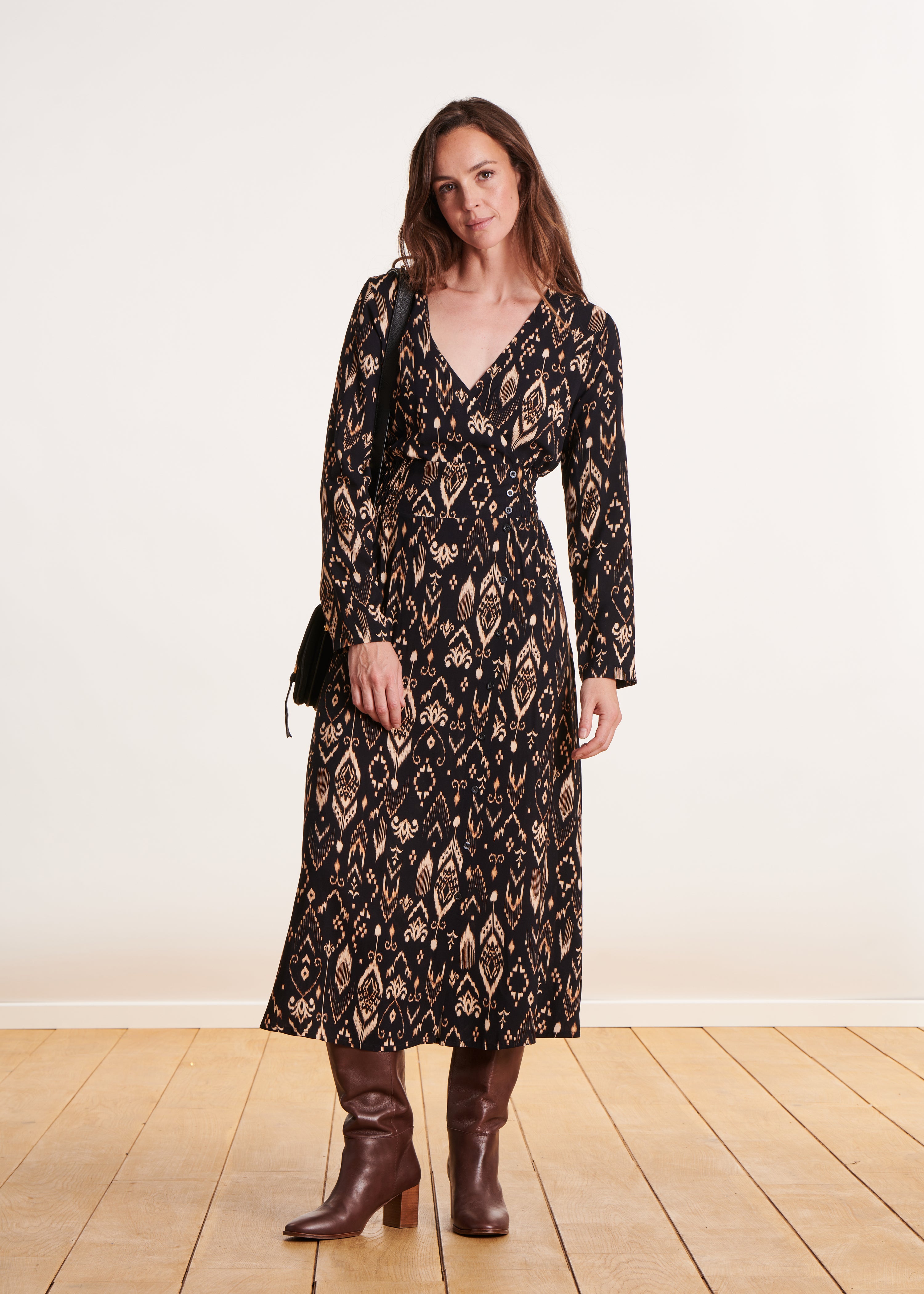 Black printed wrap dress