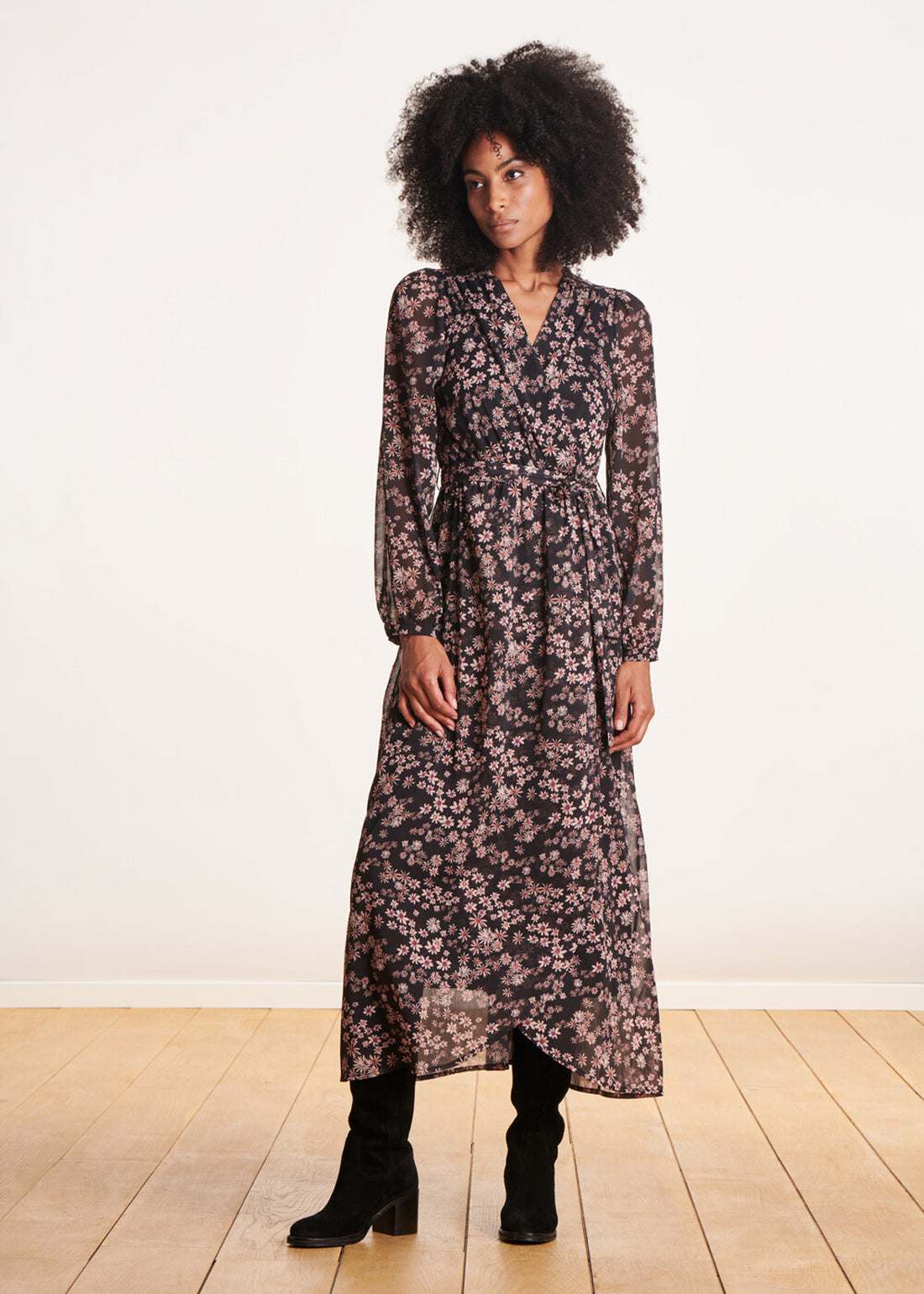 Long sleeve flower print wrap maxi dress