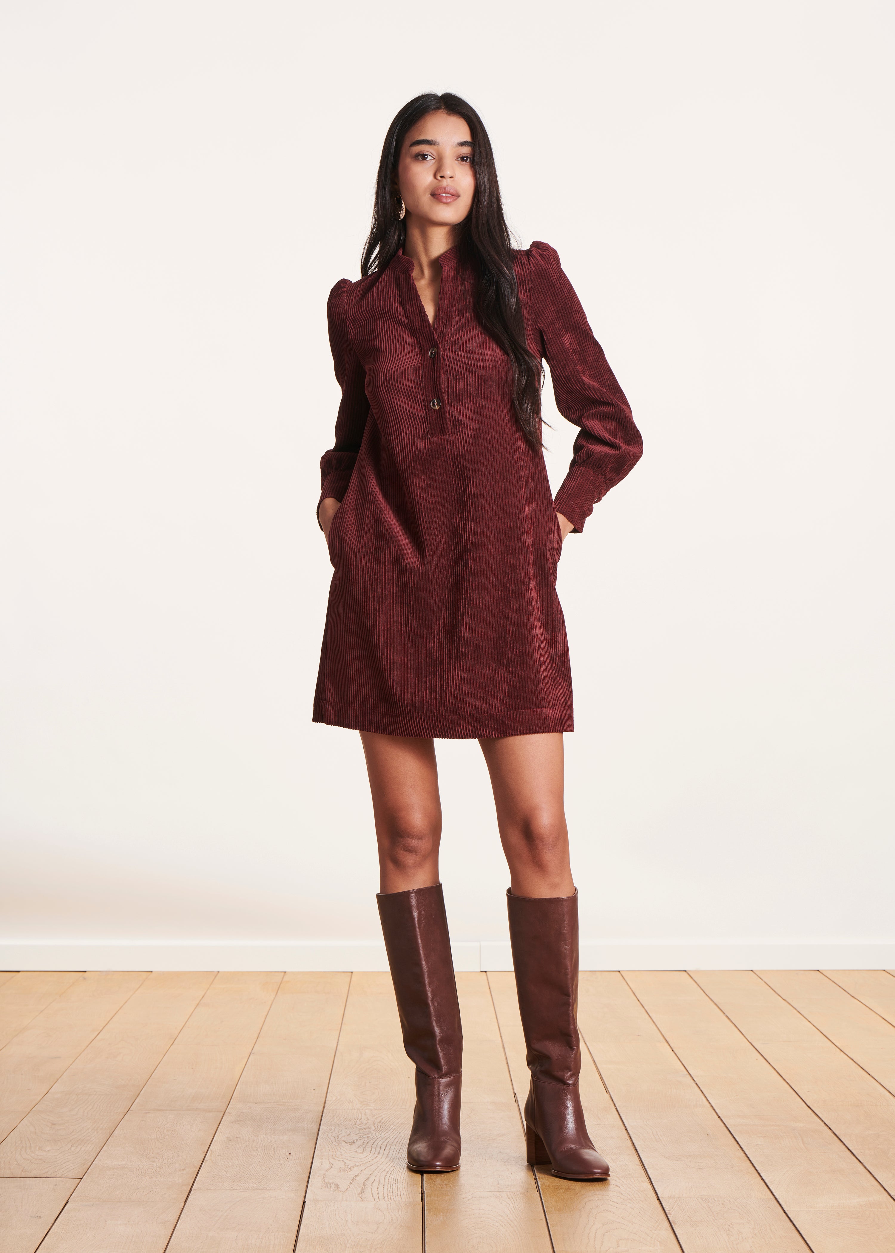 Short straight burgundy velvet dress