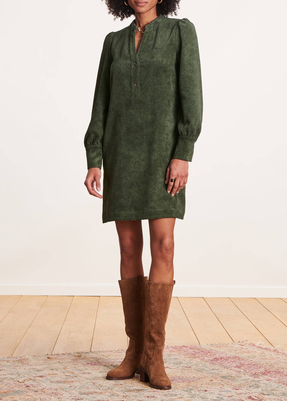 Short straight khaki velvet dress