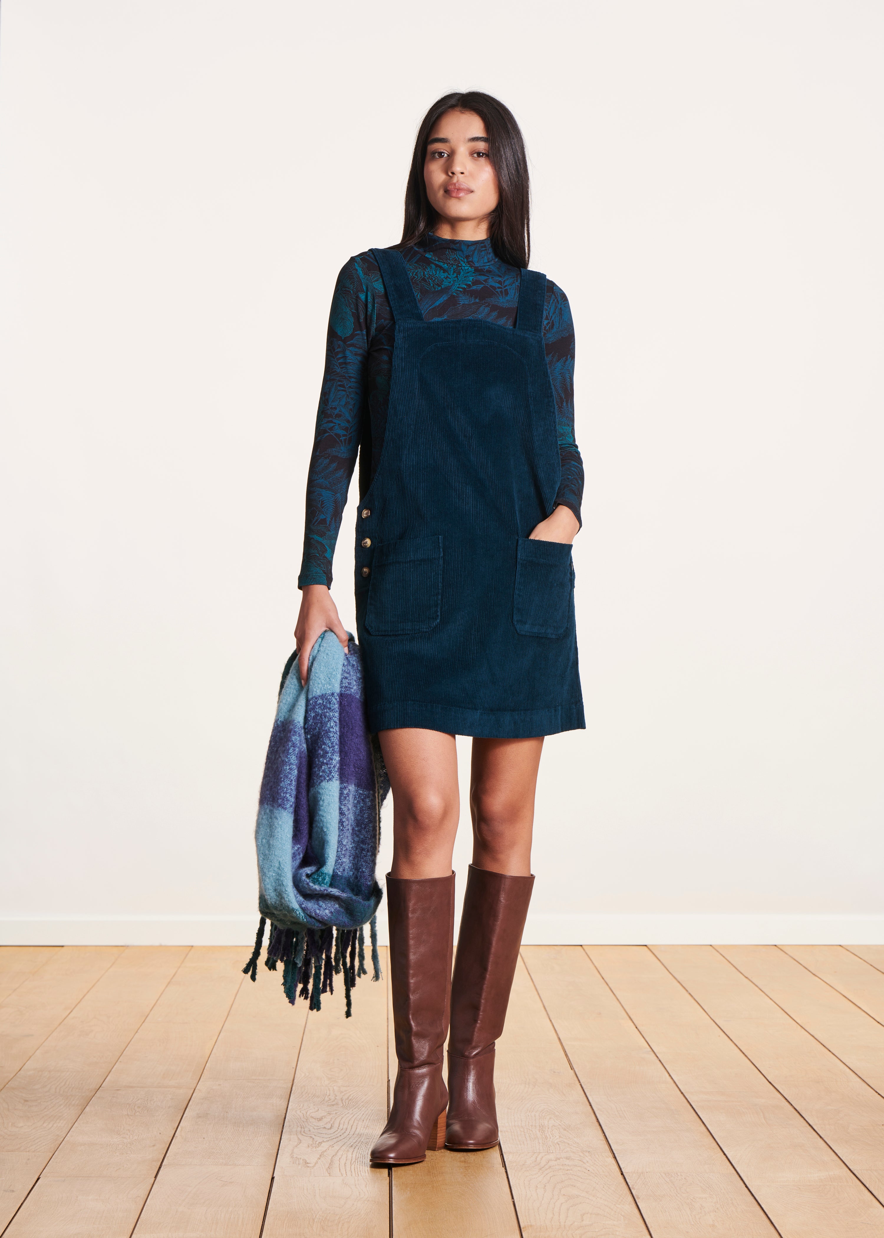 Short petrol blue velvet pinafore dress