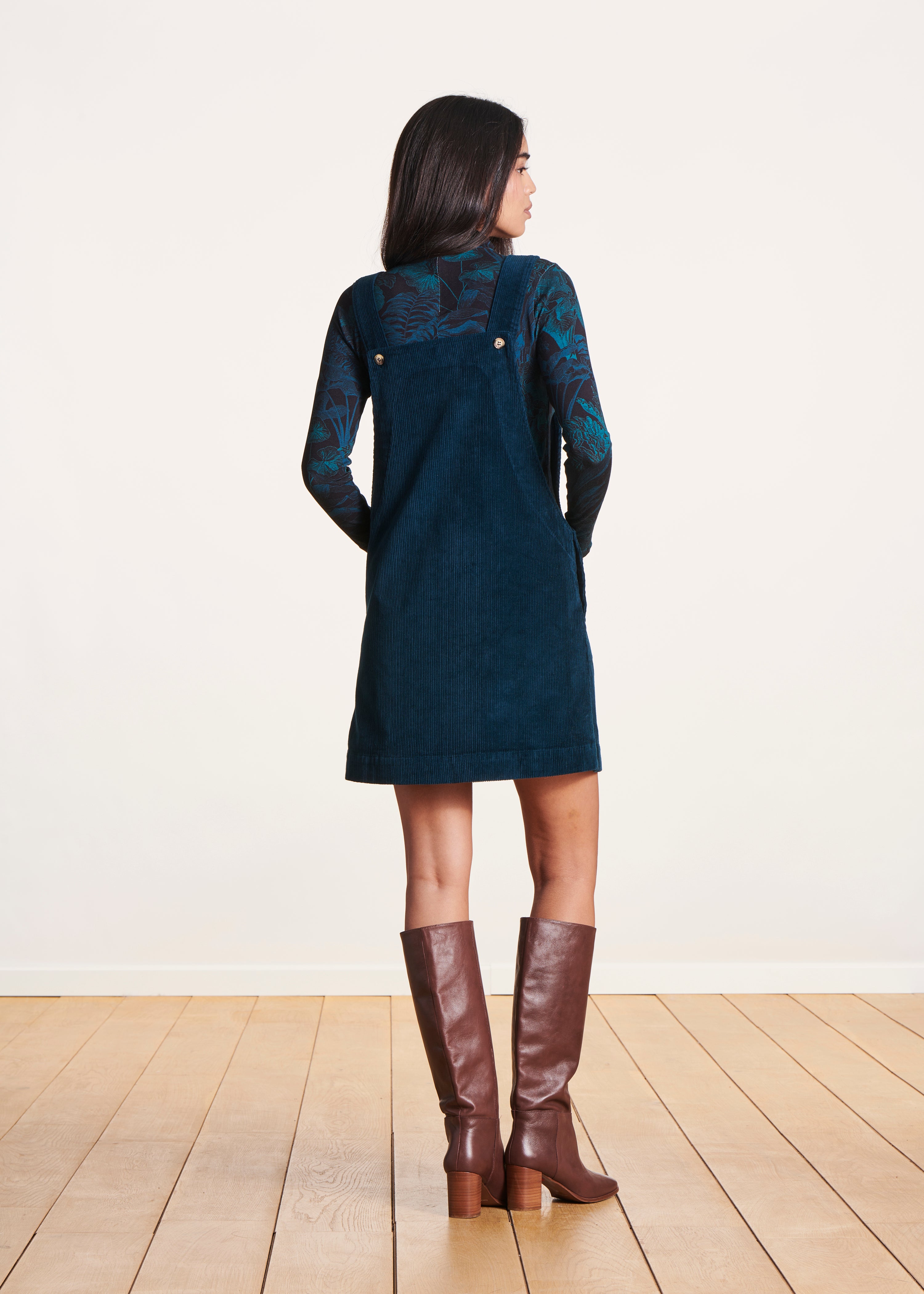 Short petrol blue velvet pinafore dress