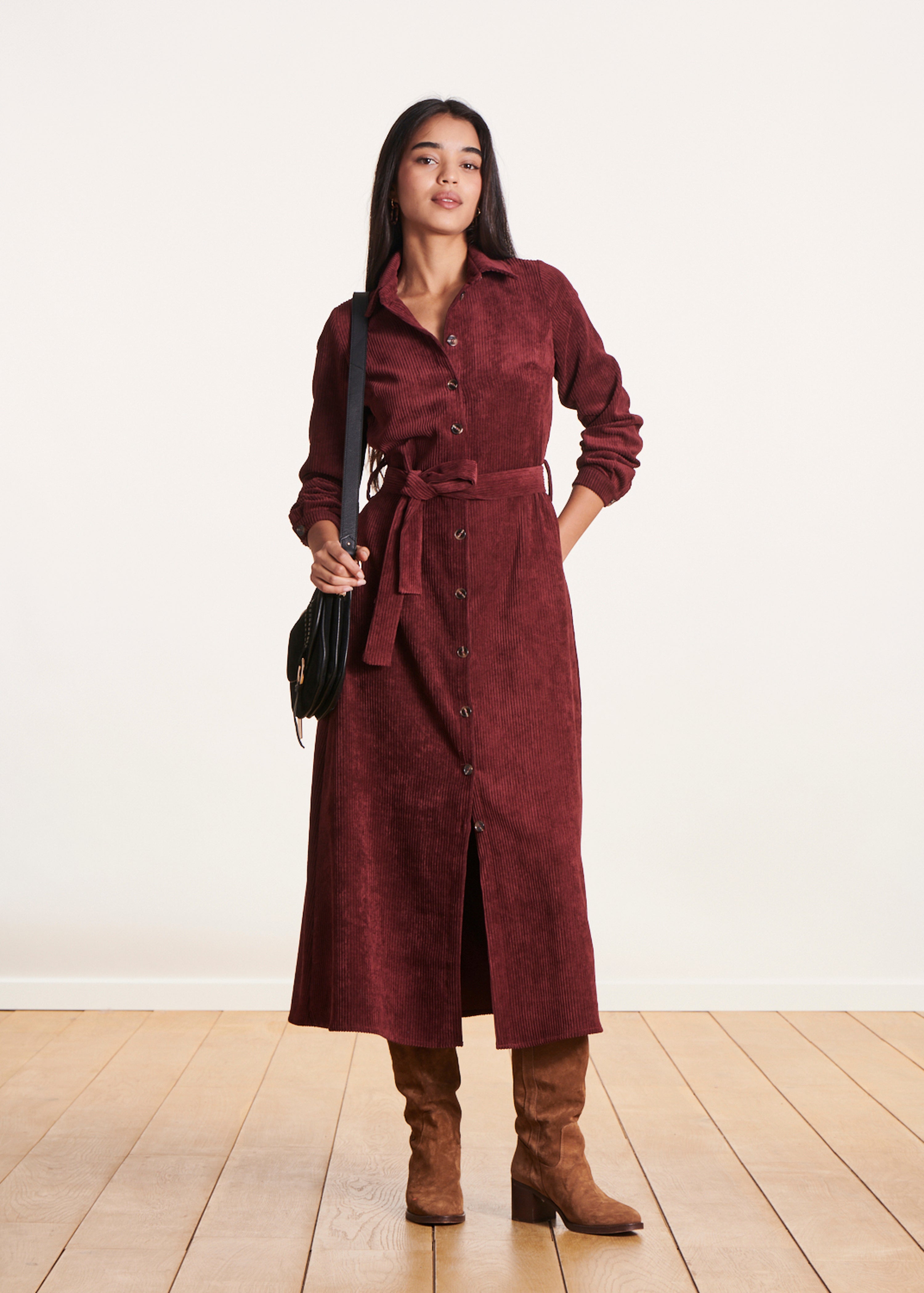 Long burgundy velvet shirt dress