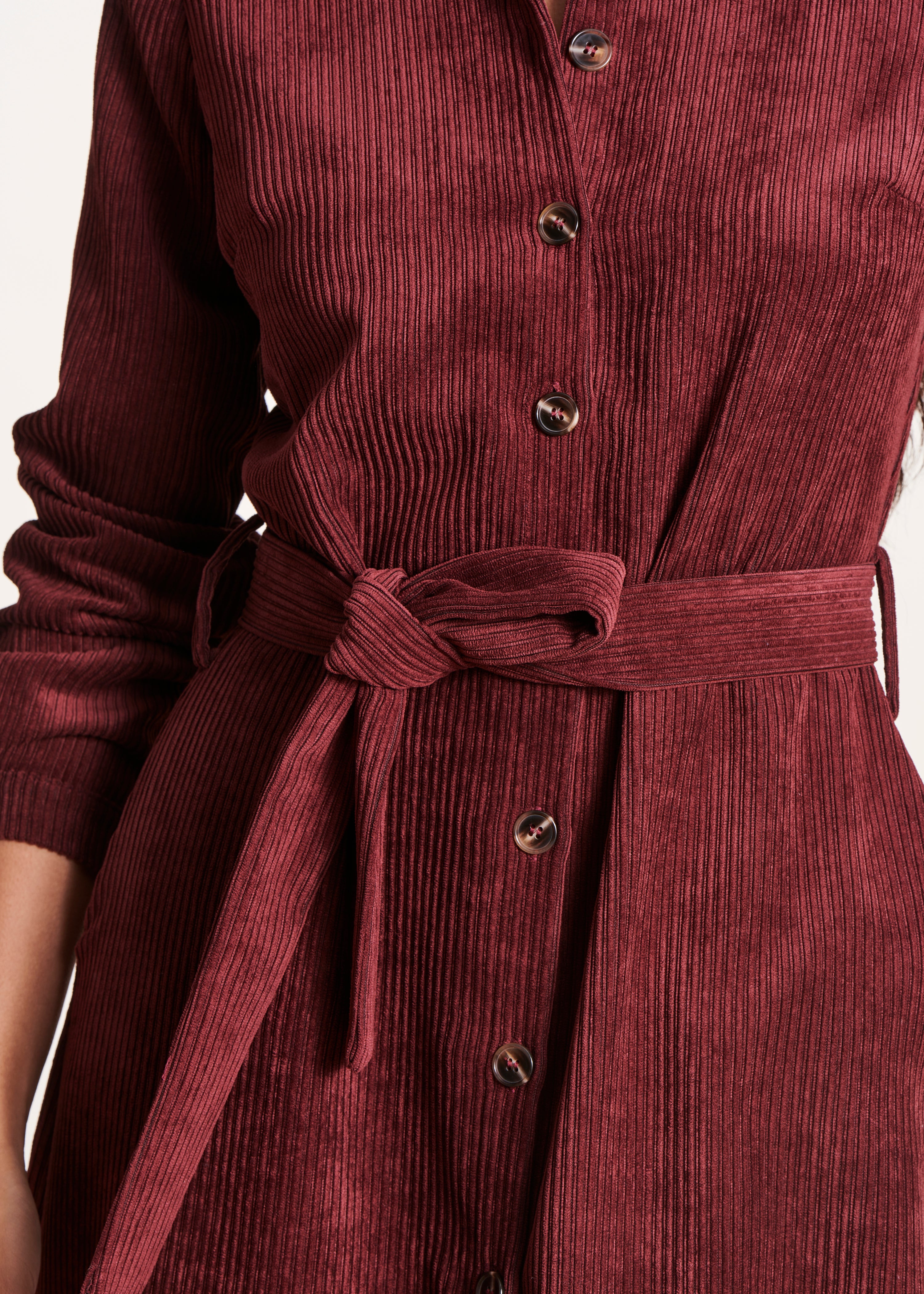 Long burgundy velvet shirt dress