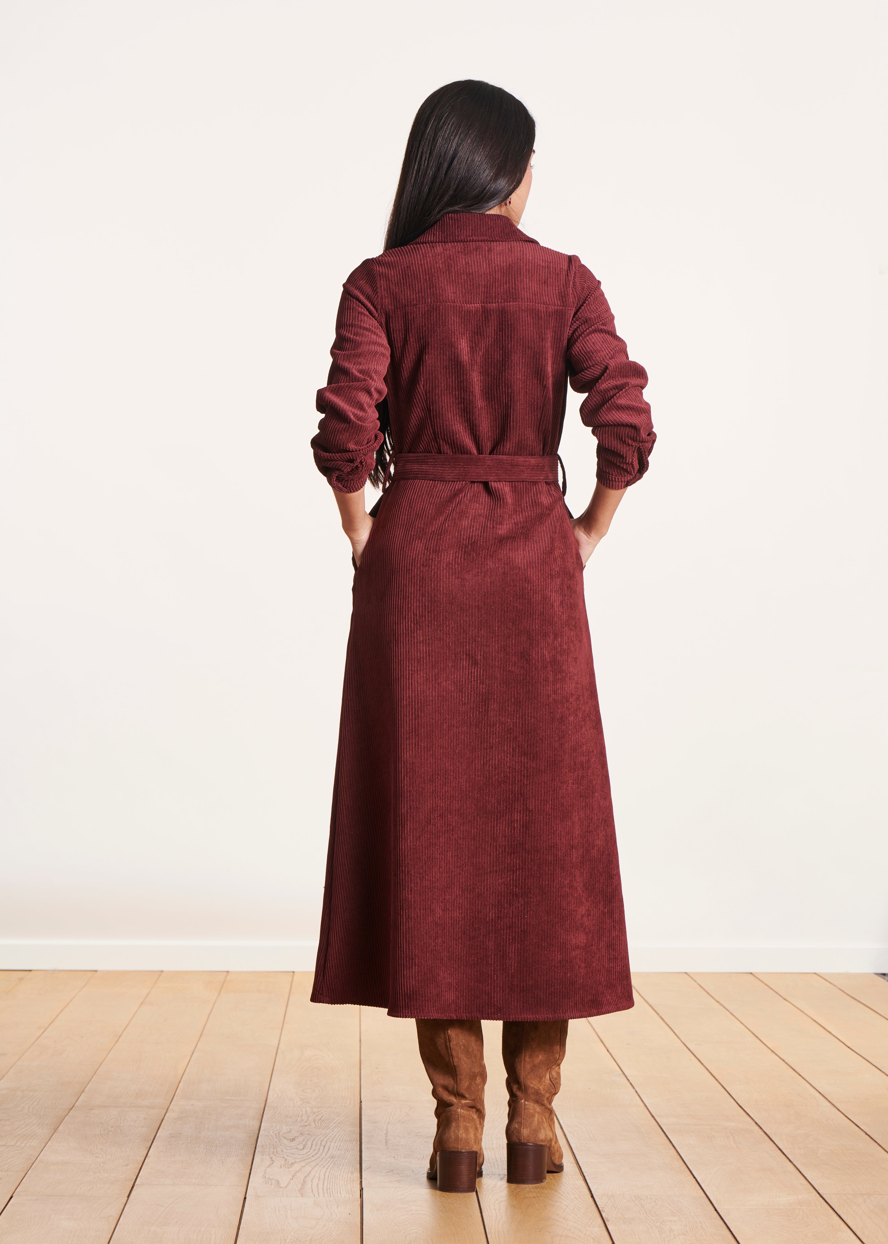 Long burgundy velvet shirt dress