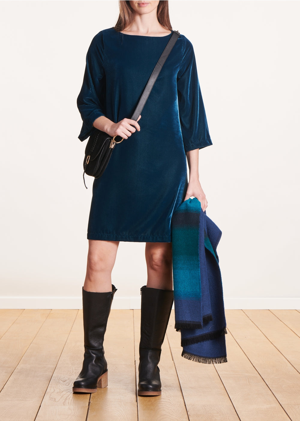 Petrol blue velvet trapeze short dress
