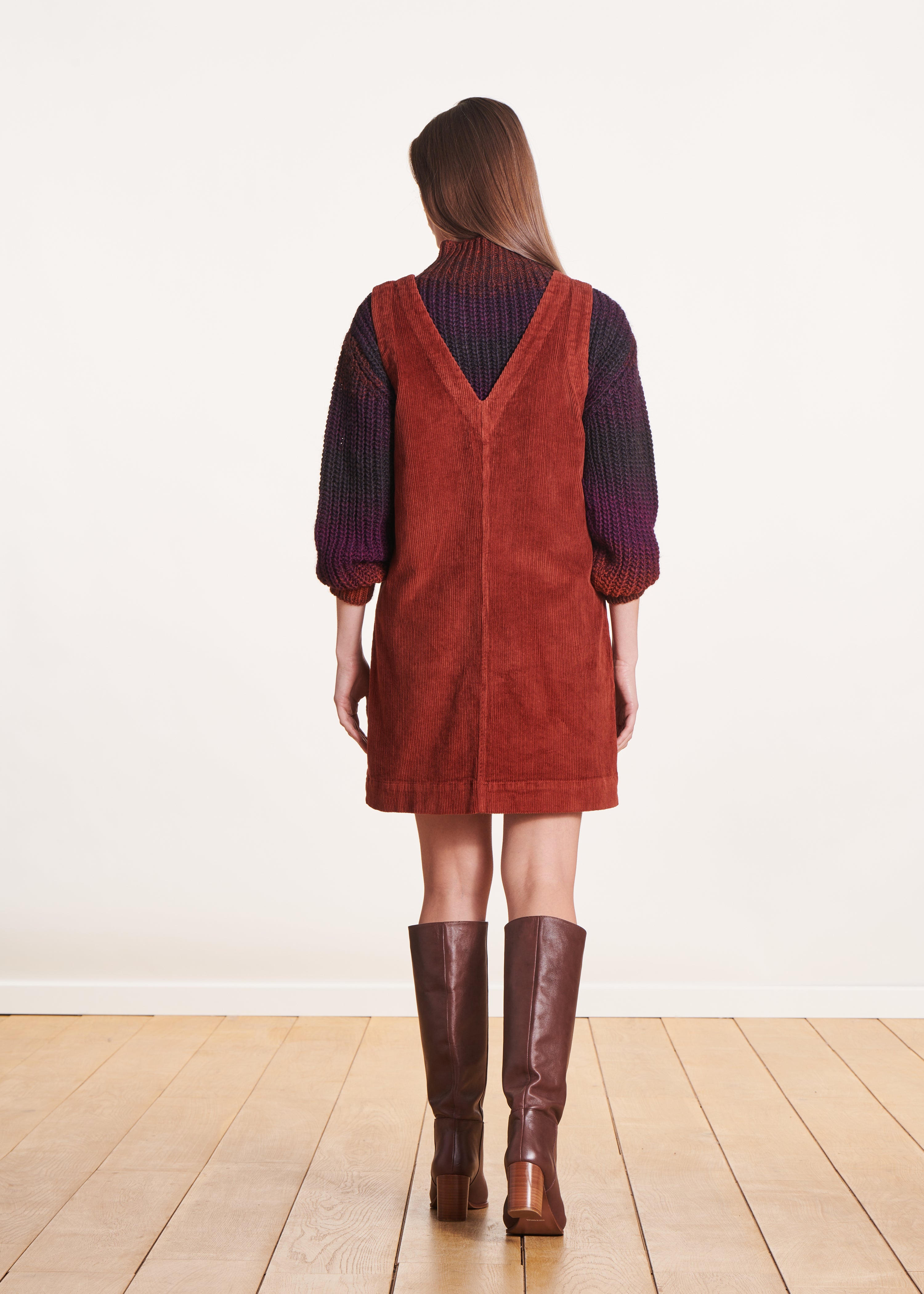 Short terracotta velvet pinafore dress