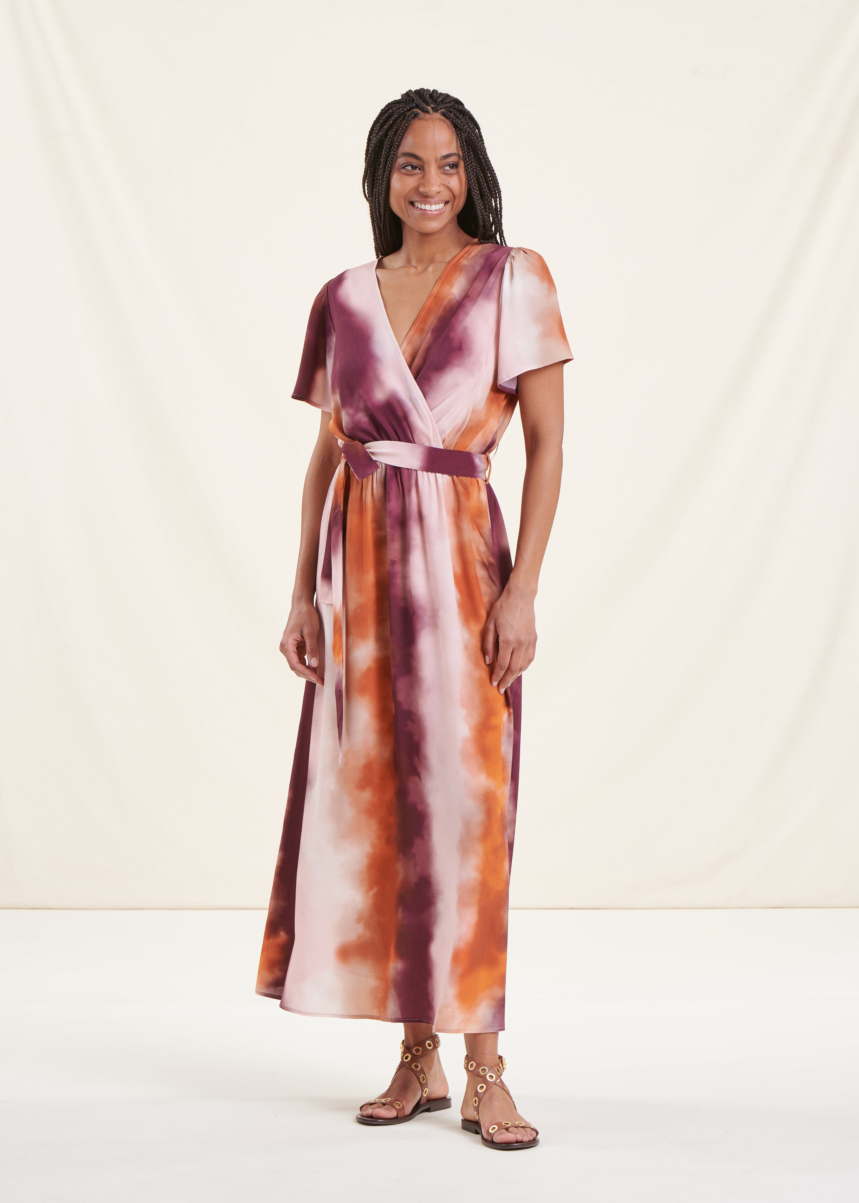 Long tie-dye print wrap dress