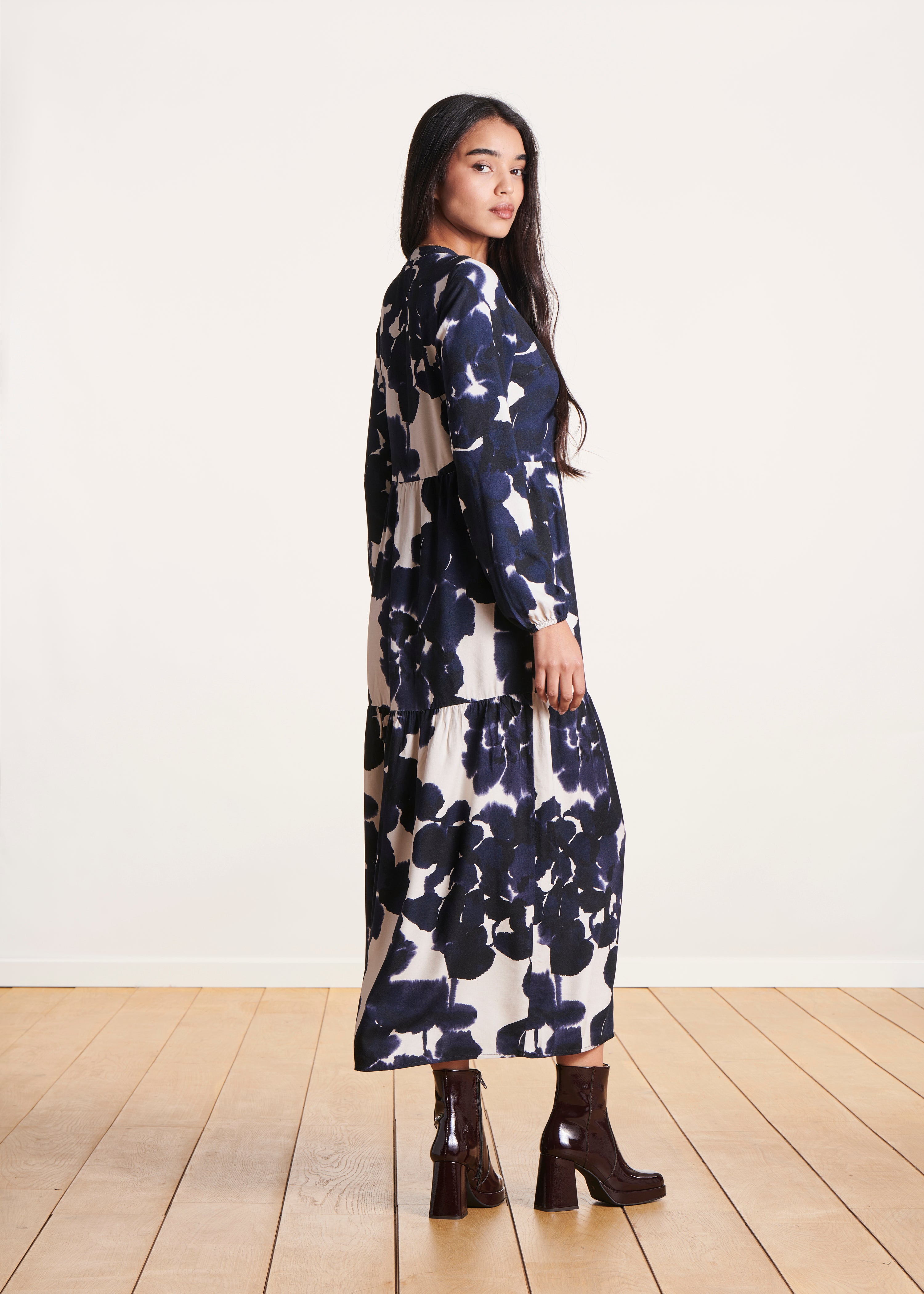 Blue floral print loose long dress