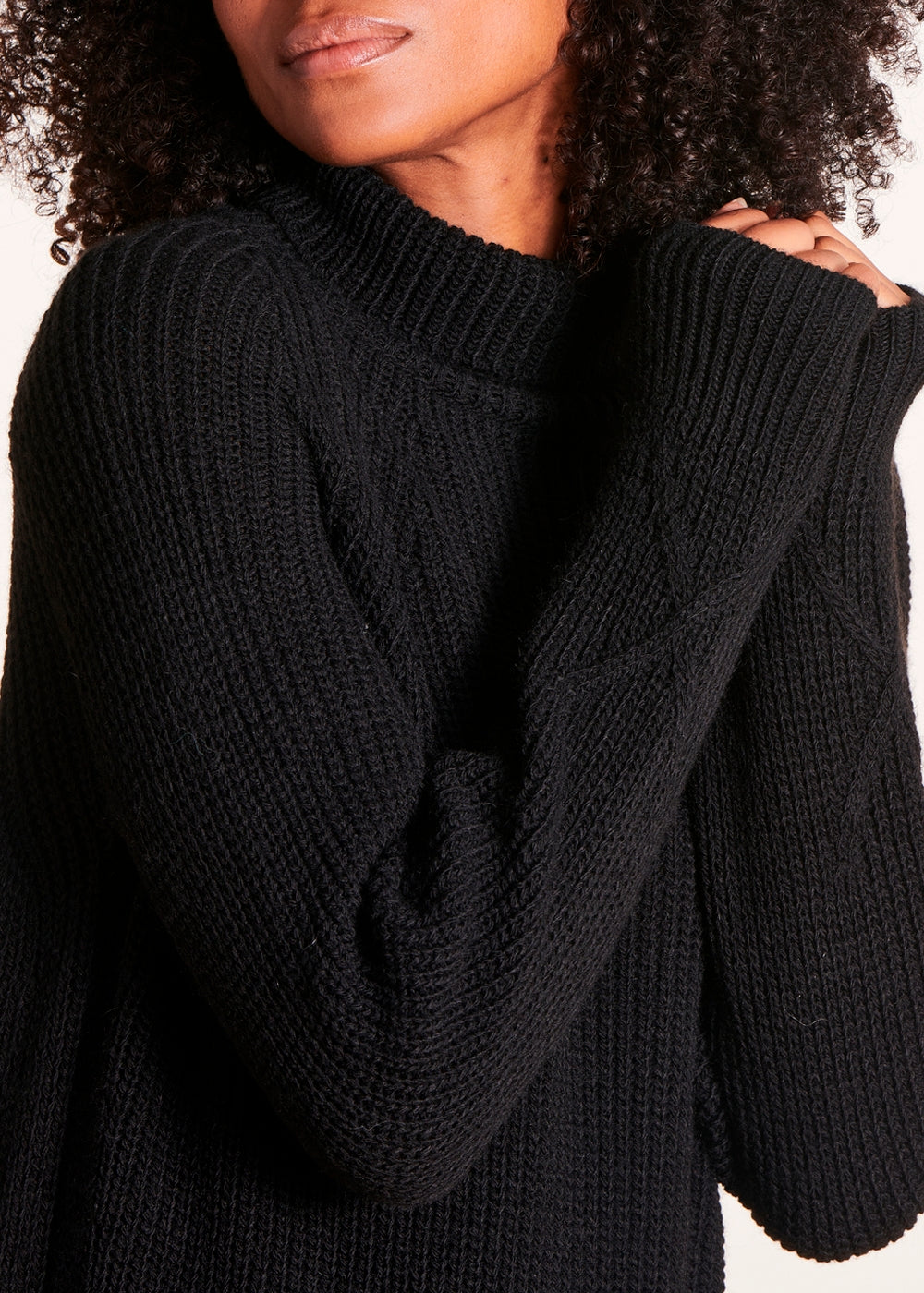 Black turtleneck loose knit midi dress