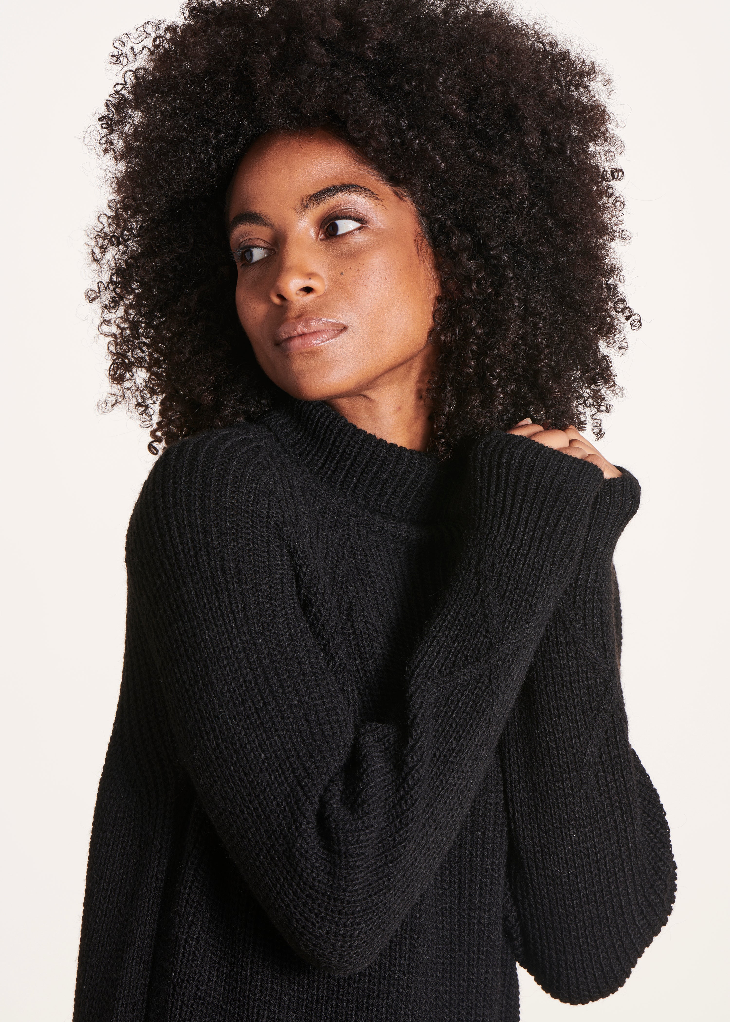 Black turtleneck loose knit midi dress