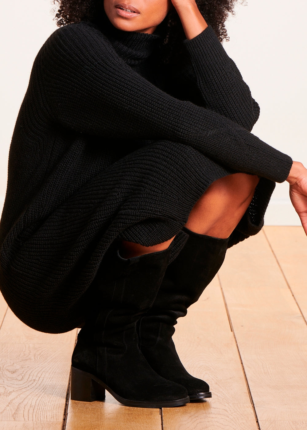 Black turtleneck loose knit midi dress