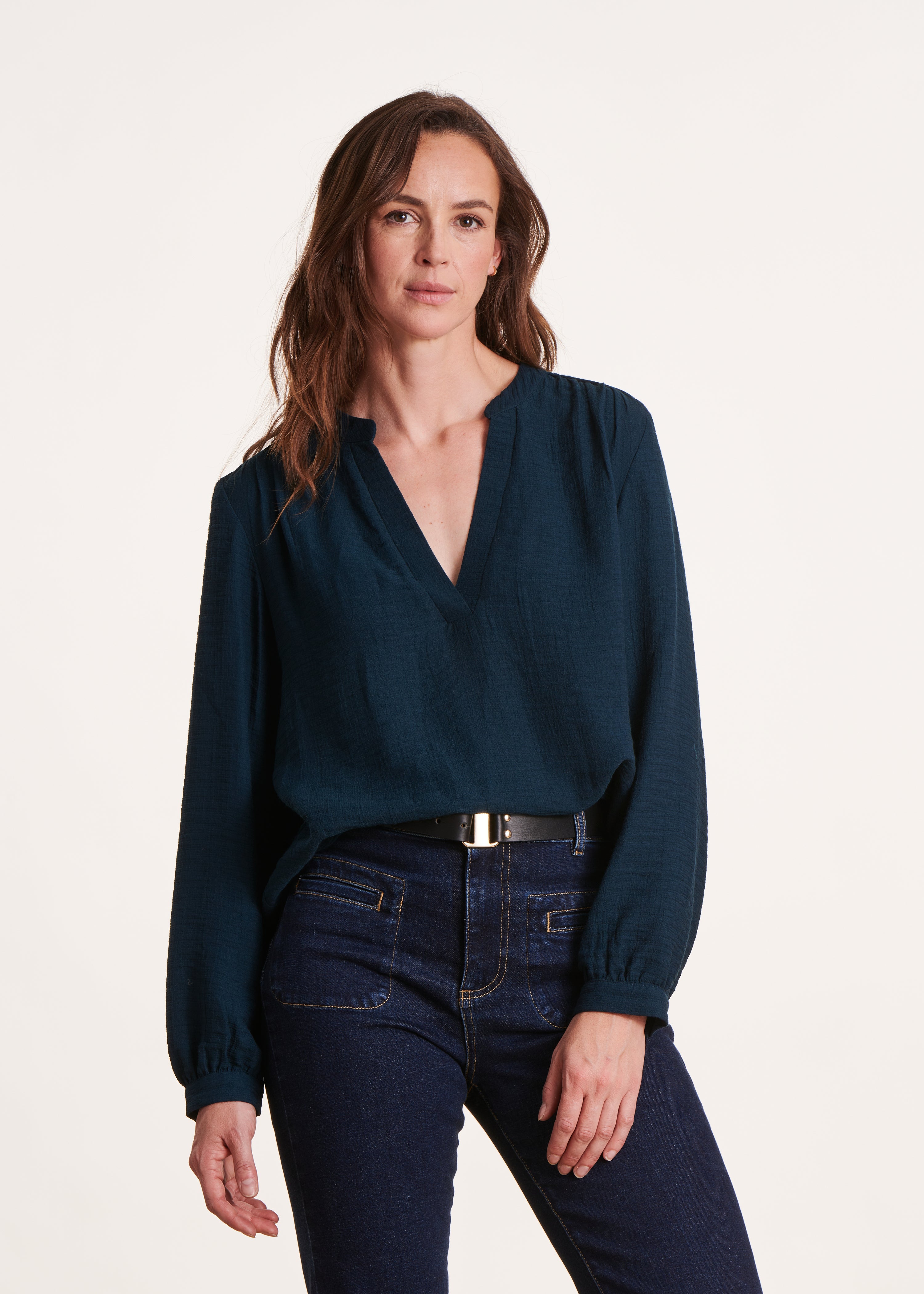 Petrol blue top with Tunisian neckline