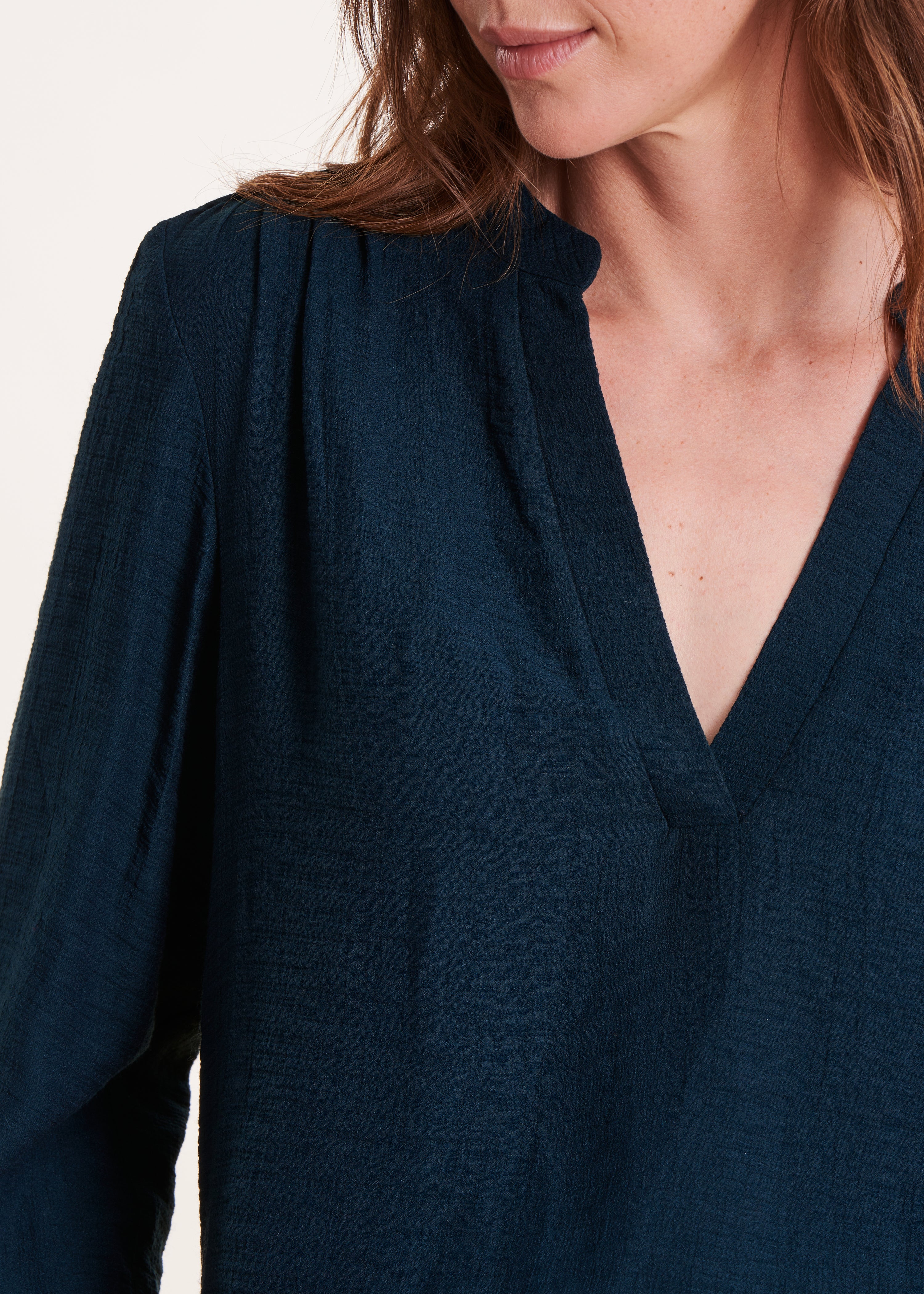 Petrol blue top with Tunisian neckline