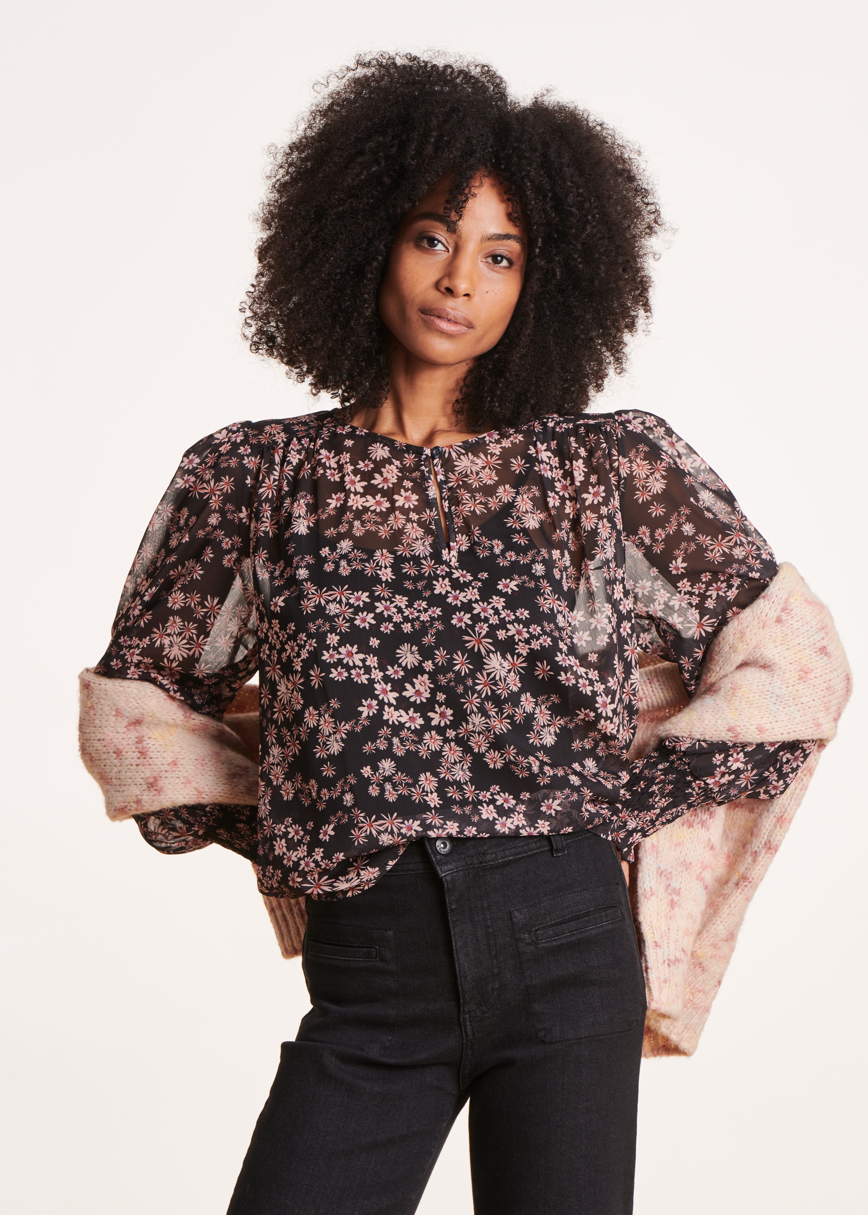 Loose black top with flower print