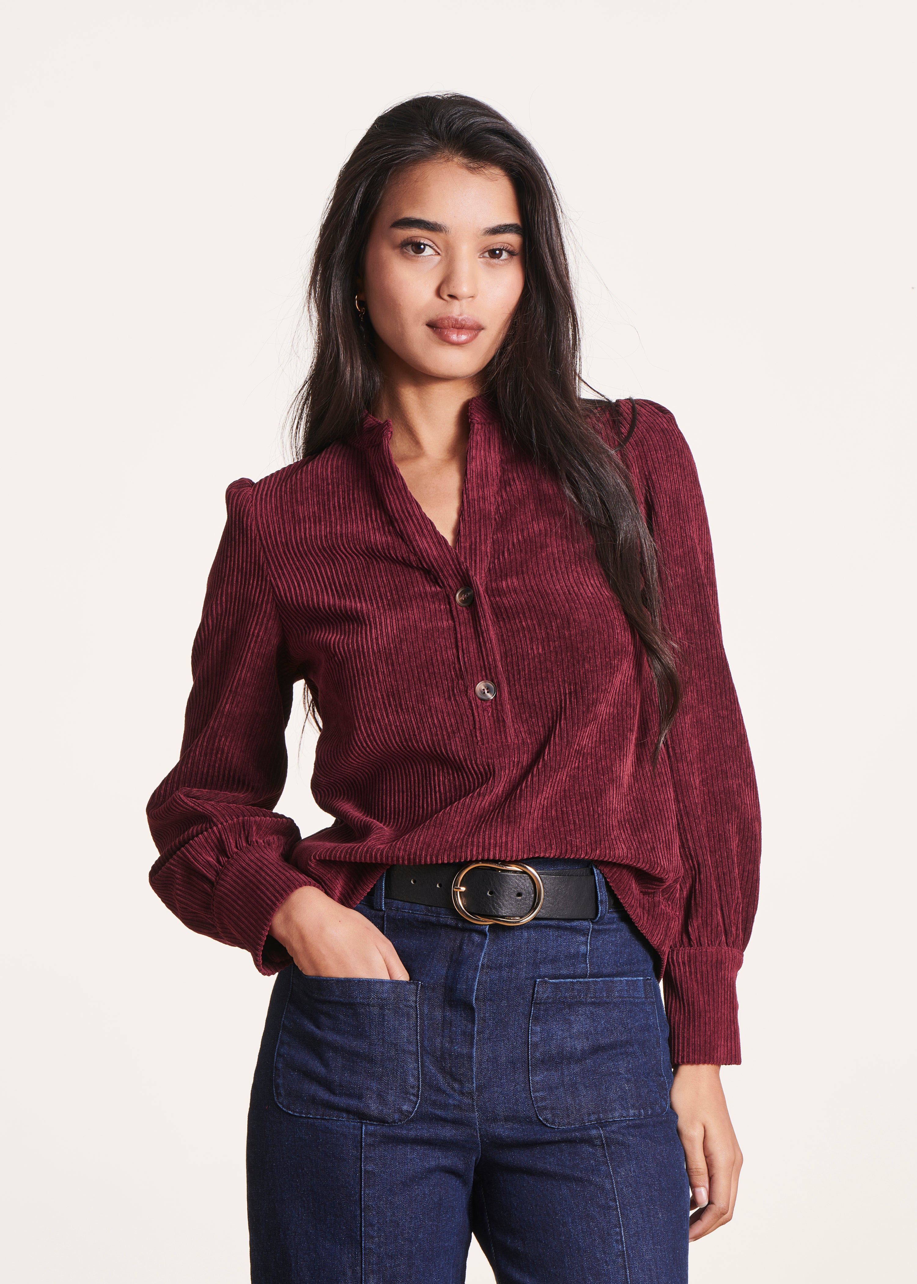 Burgundy top with long puff sleeves