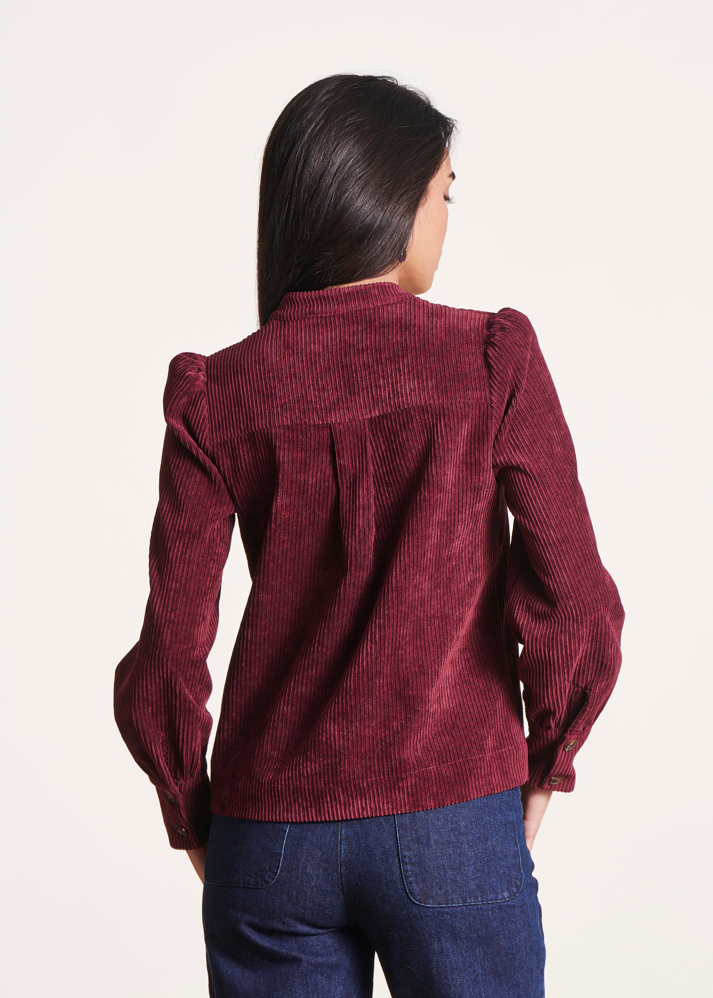 Burgundy top with long puff sleeves