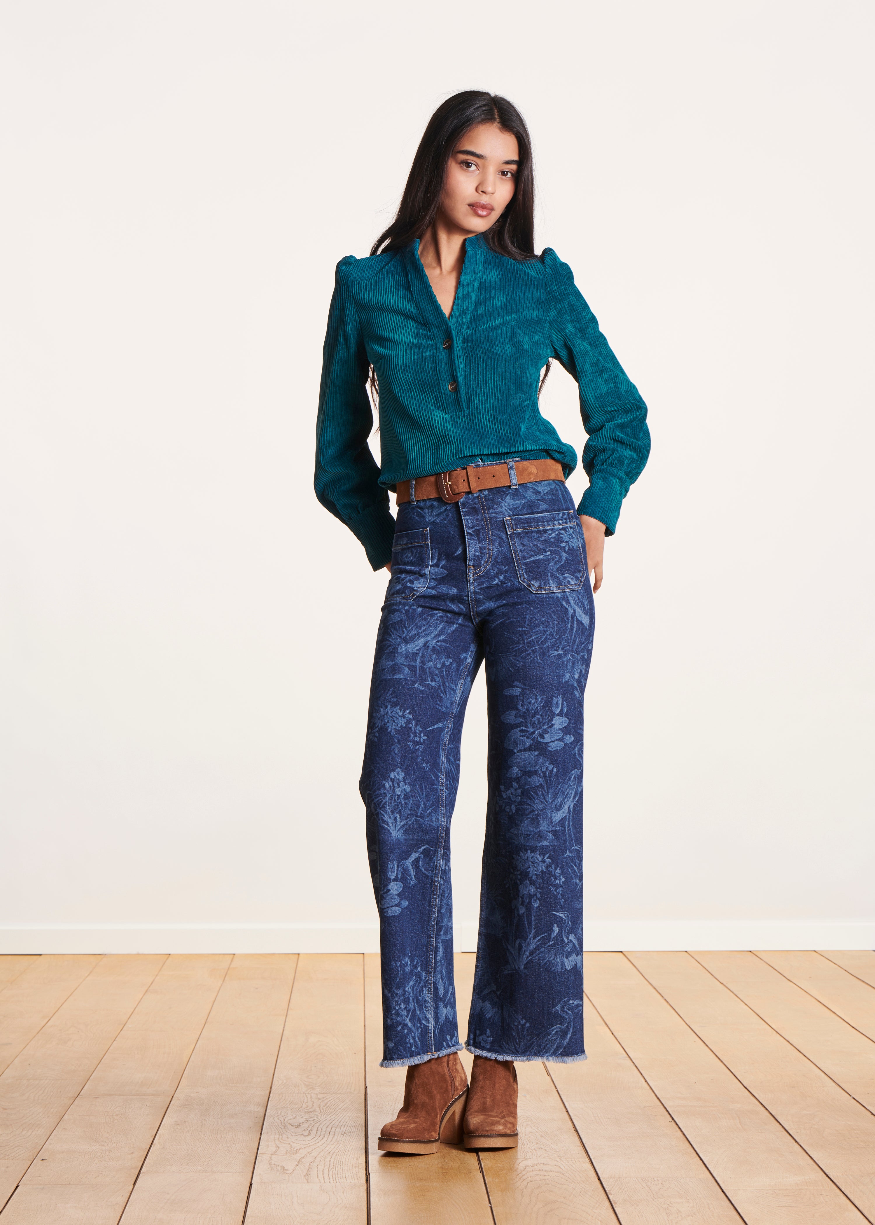 Petrol blue top with long puffed sleeves