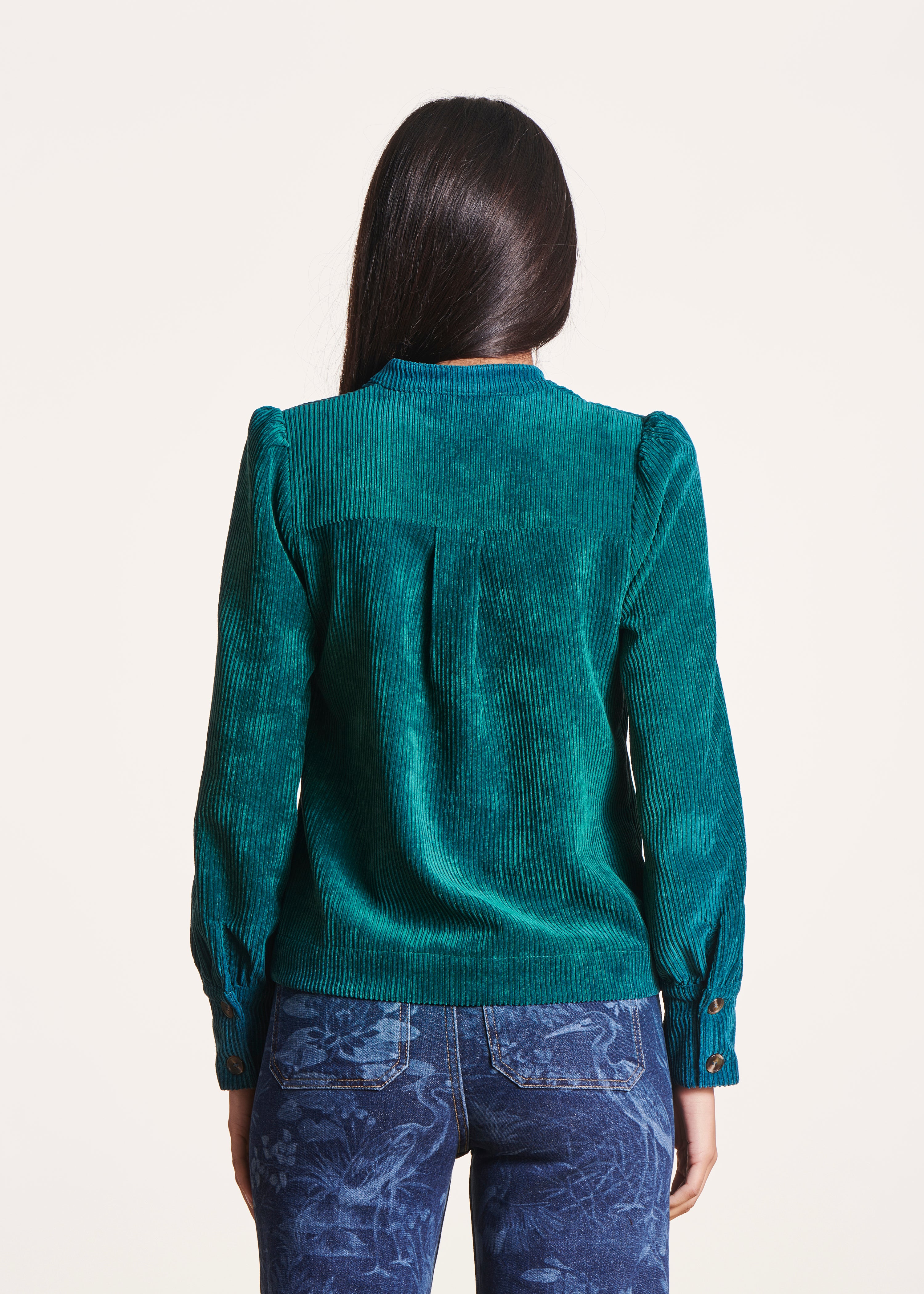 Petrol blue top with long puffed sleeves