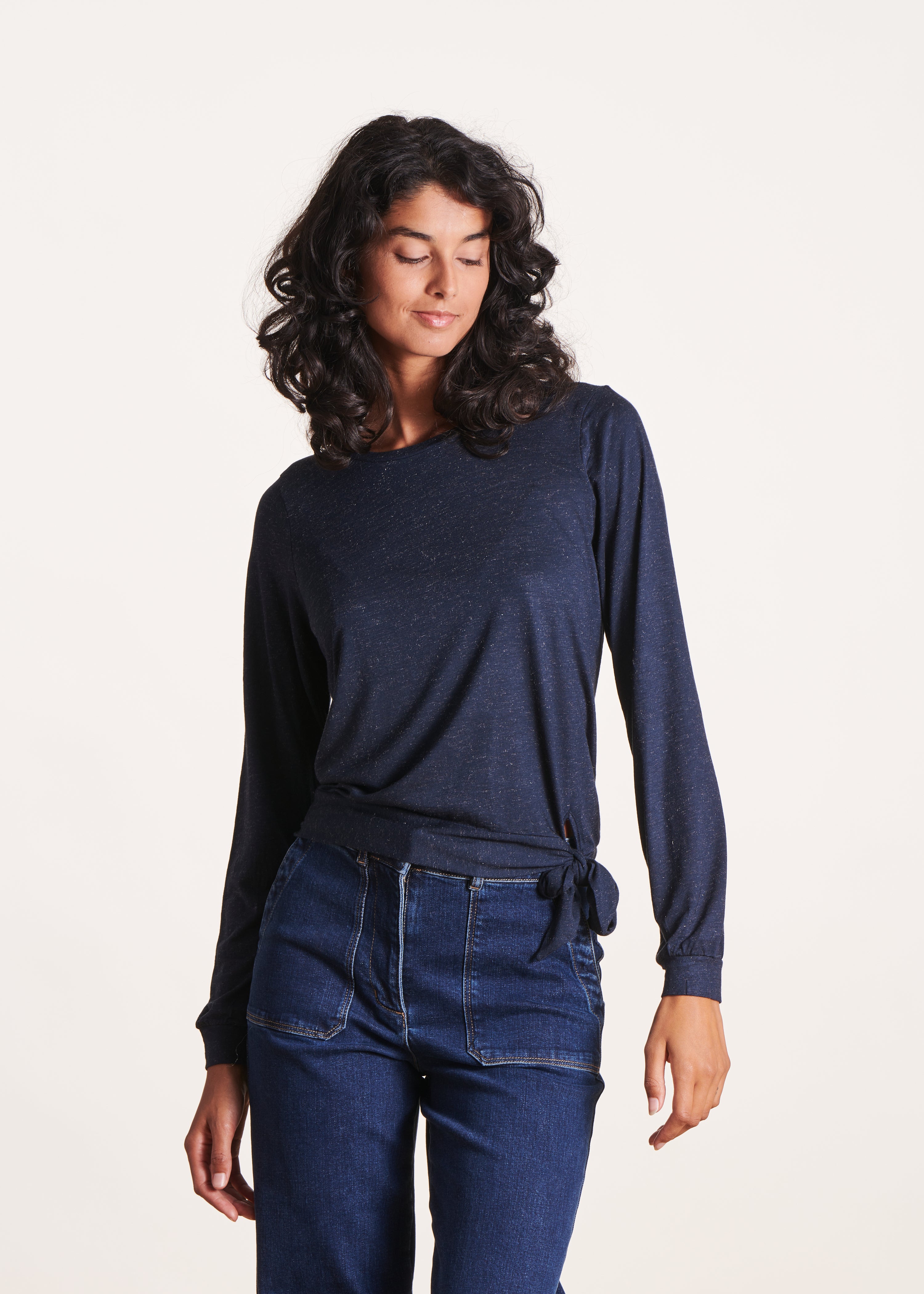 Dark blue long-sleeved lurex jersey T-shirt