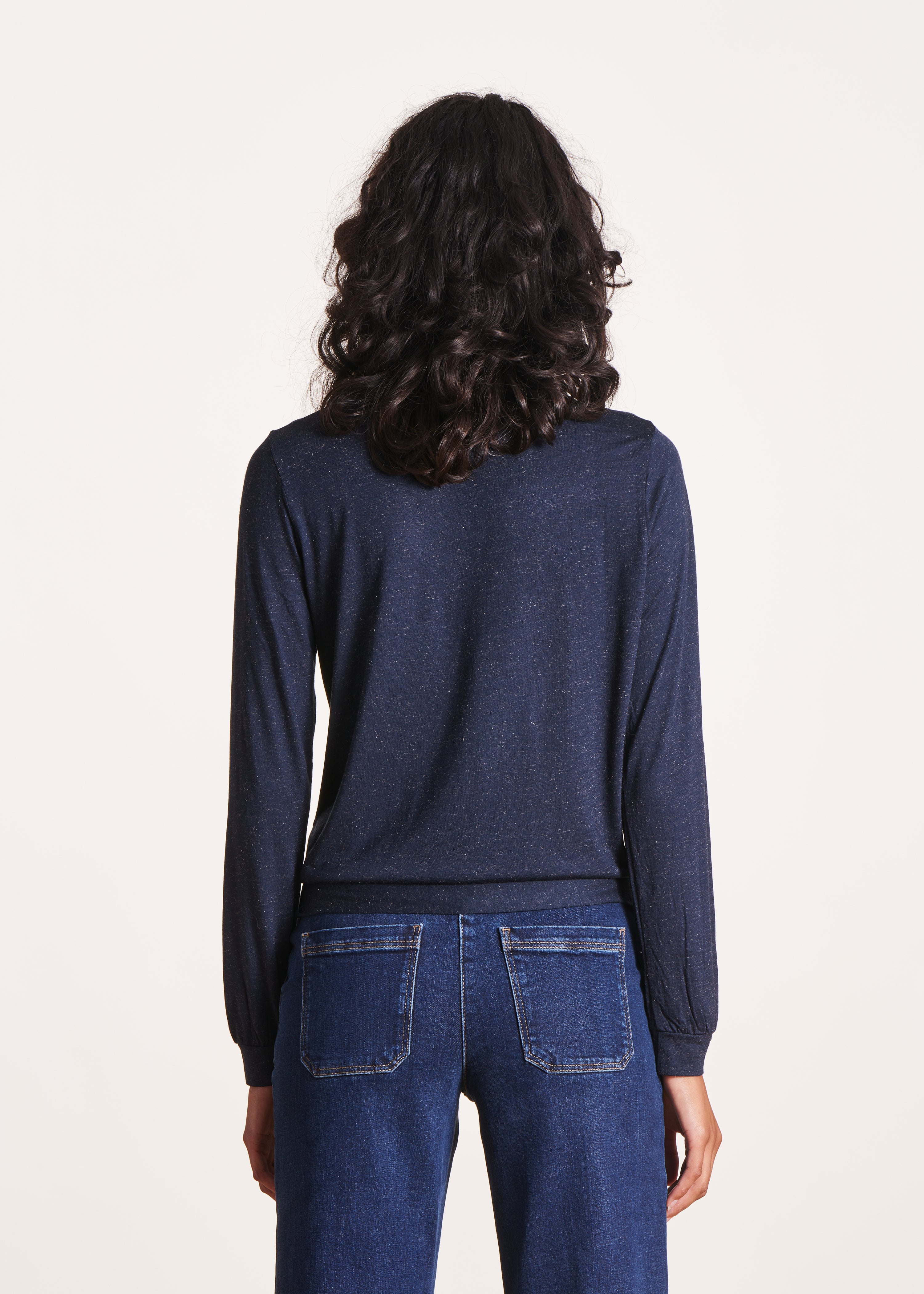 Dark blue long-sleeved lurex jersey T-shirt