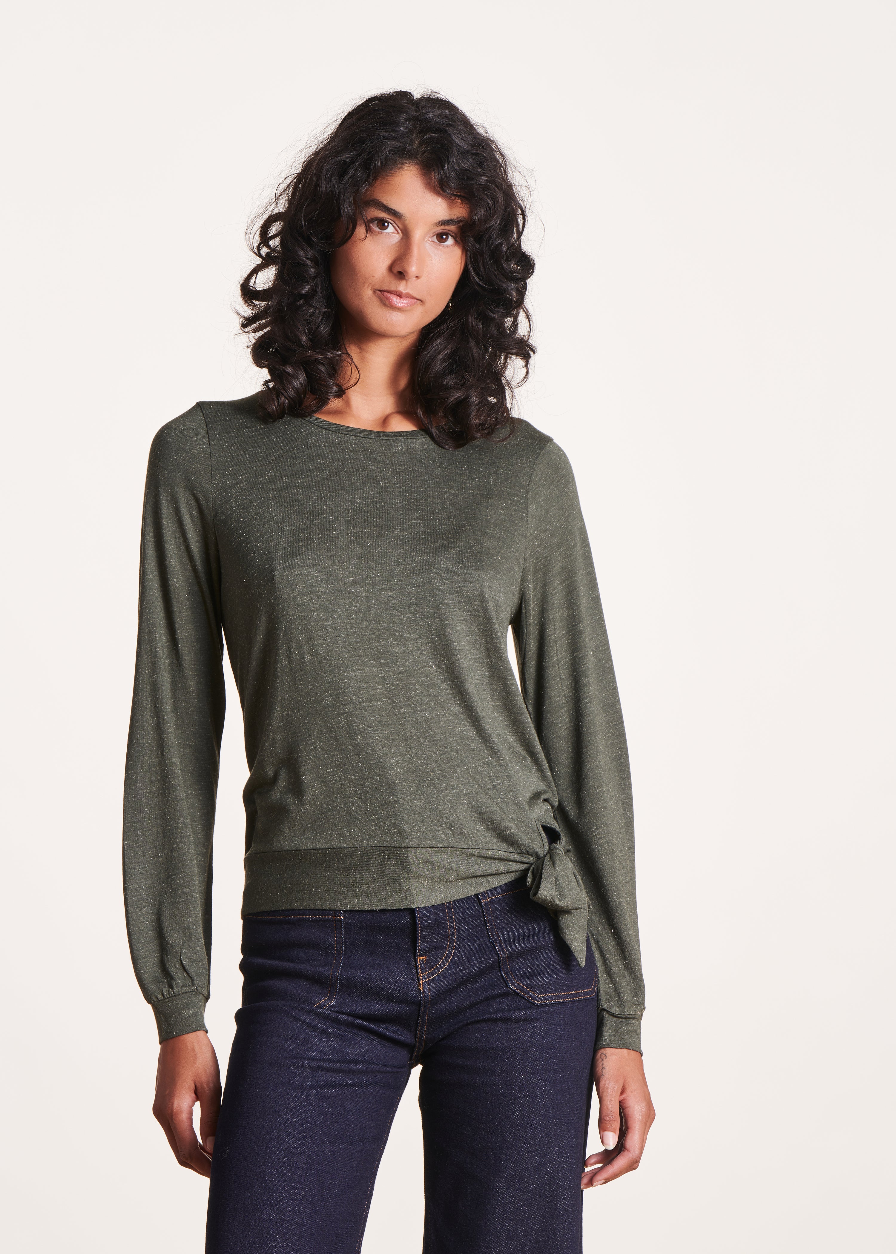 Long-sleeved khaki T-shirt in lurex jersey