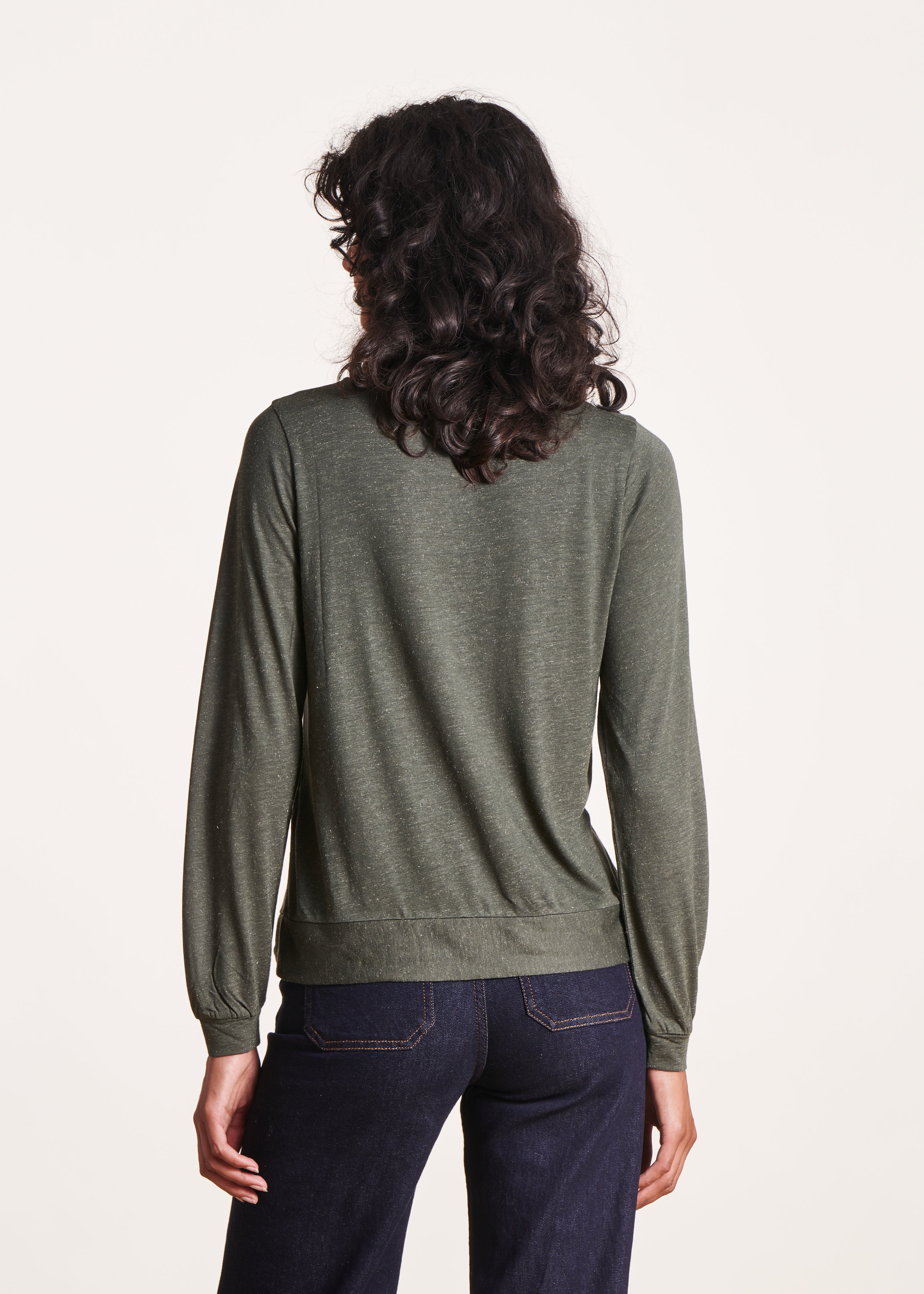 Long-sleeved khaki T-shirt in lurex jersey