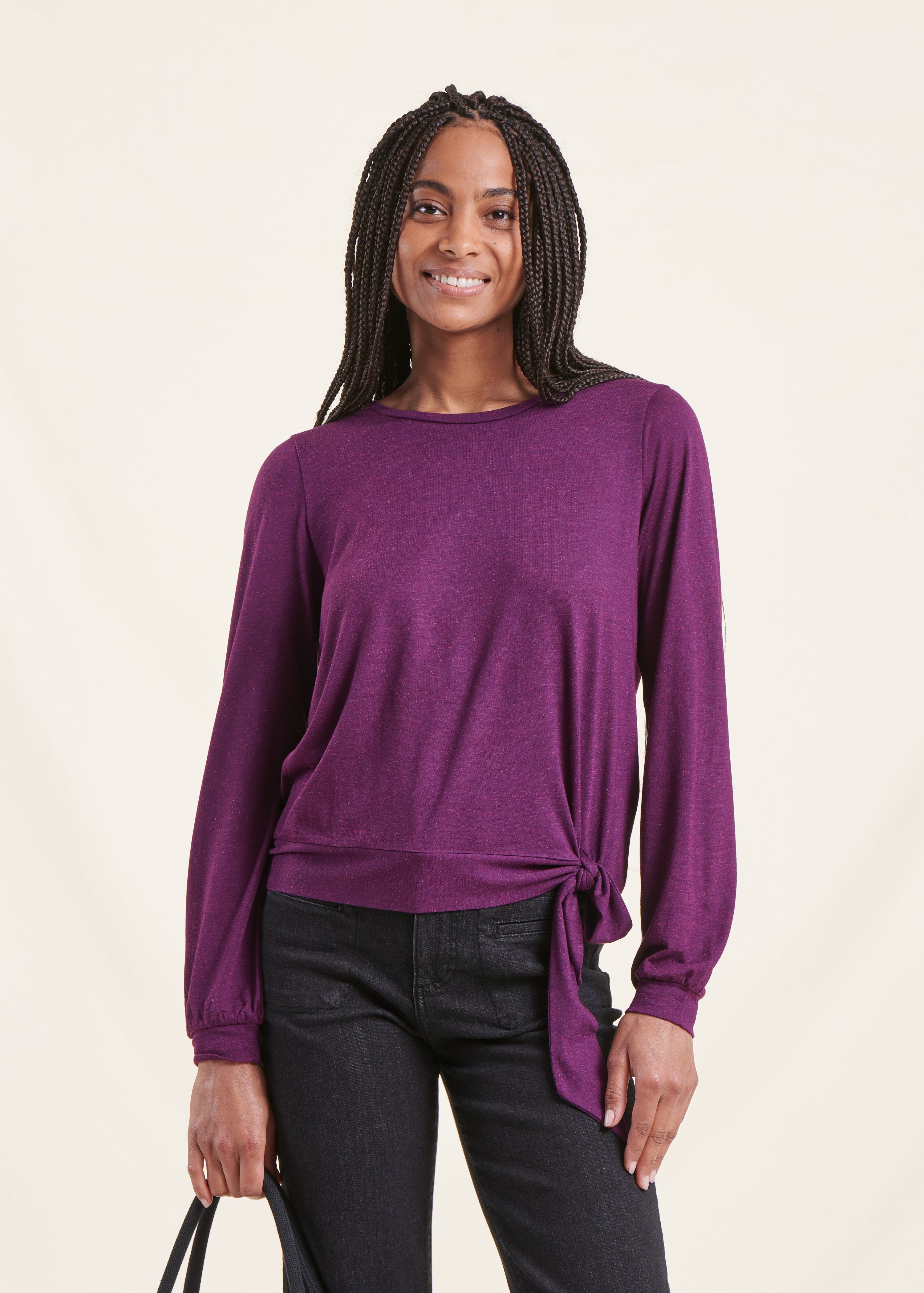 Plum long-sleeved lurex jersey T-shirt