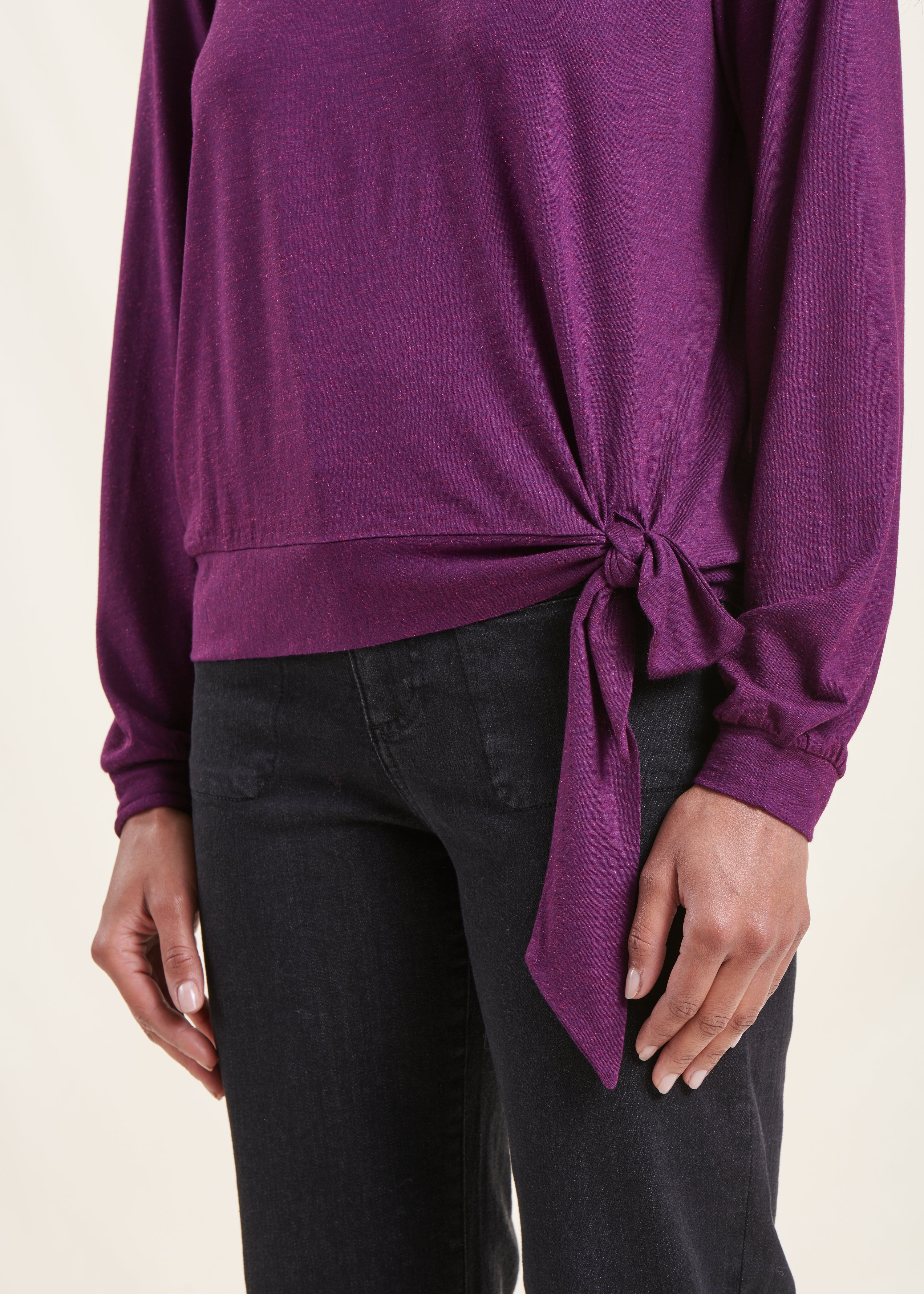 Plum long-sleeved lurex jersey T-shirt