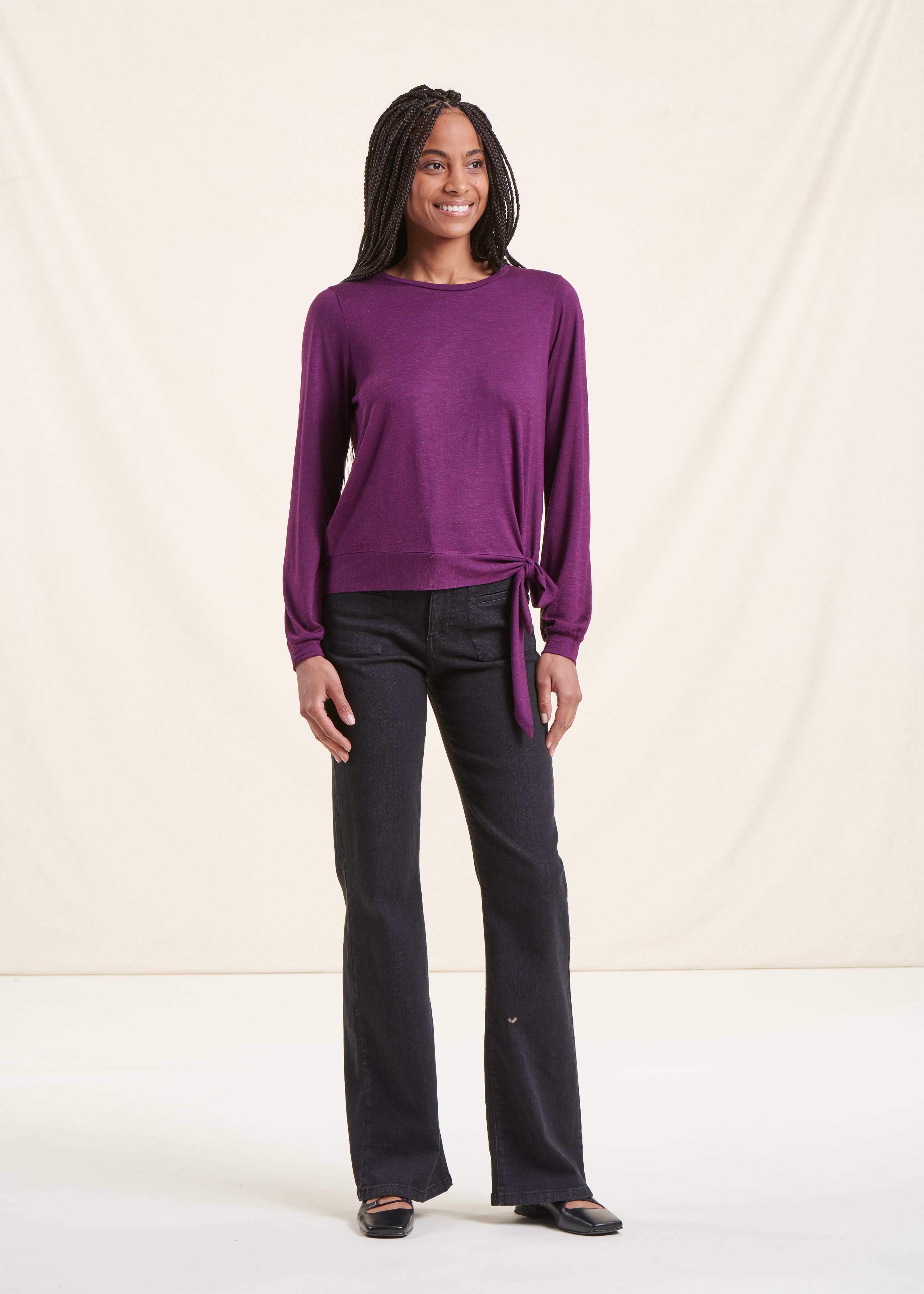 Plum long-sleeved lurex jersey T-shirt