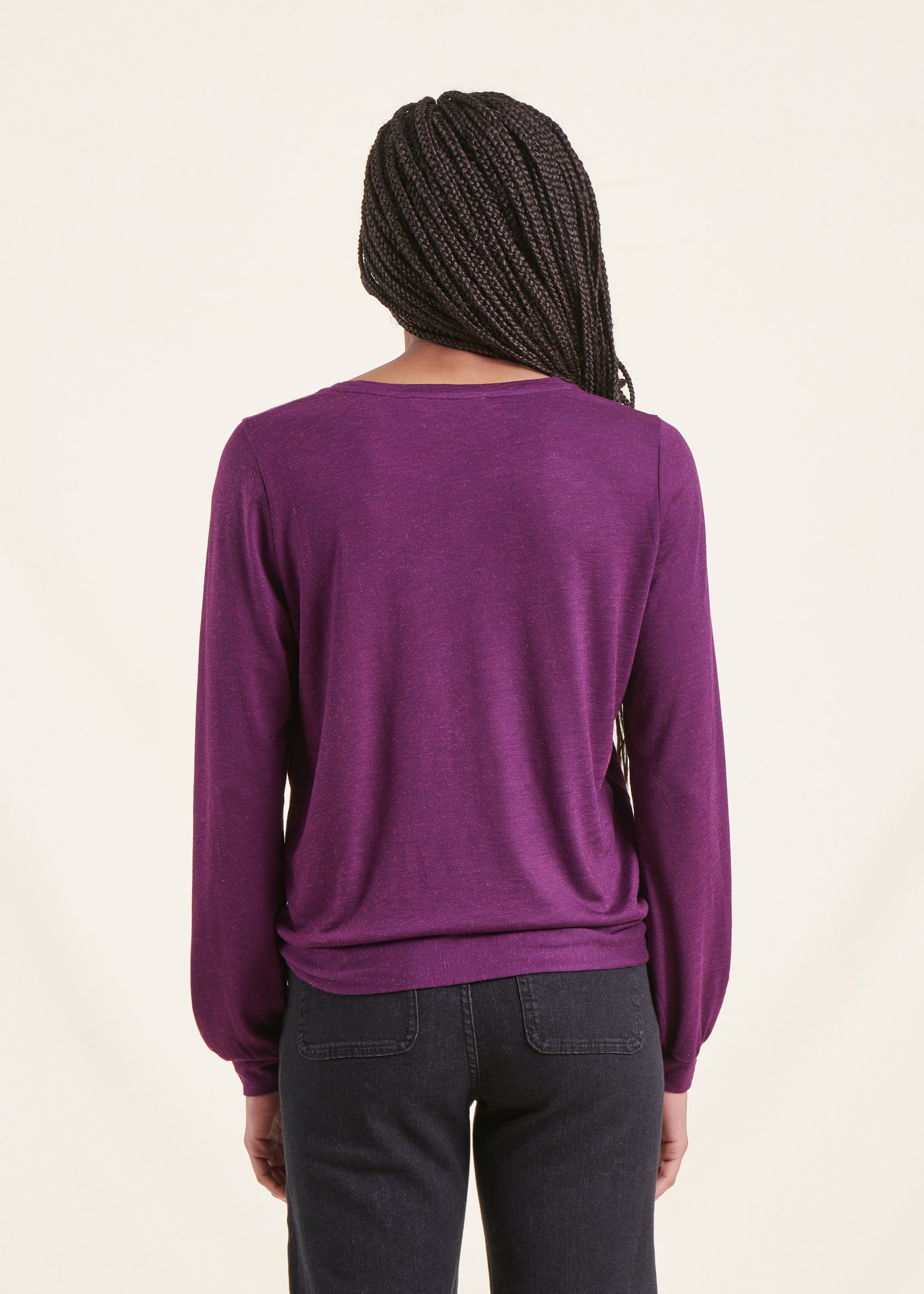 Plum long-sleeved lurex jersey T-shirt